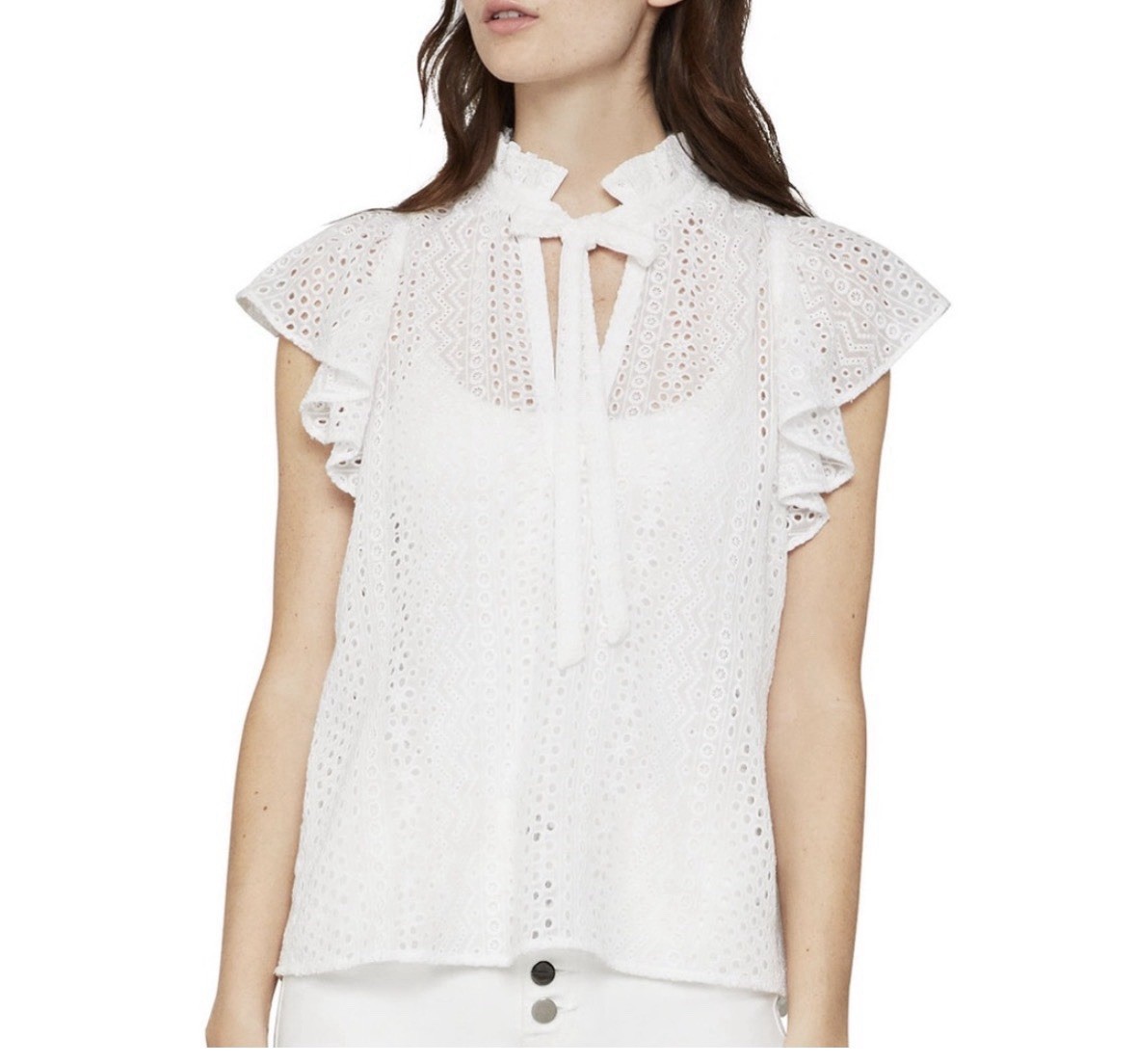 BCBGMAXAZRIA White Lace High Neck Tie Ruffle Flutter Short Sleeve Blouse XS