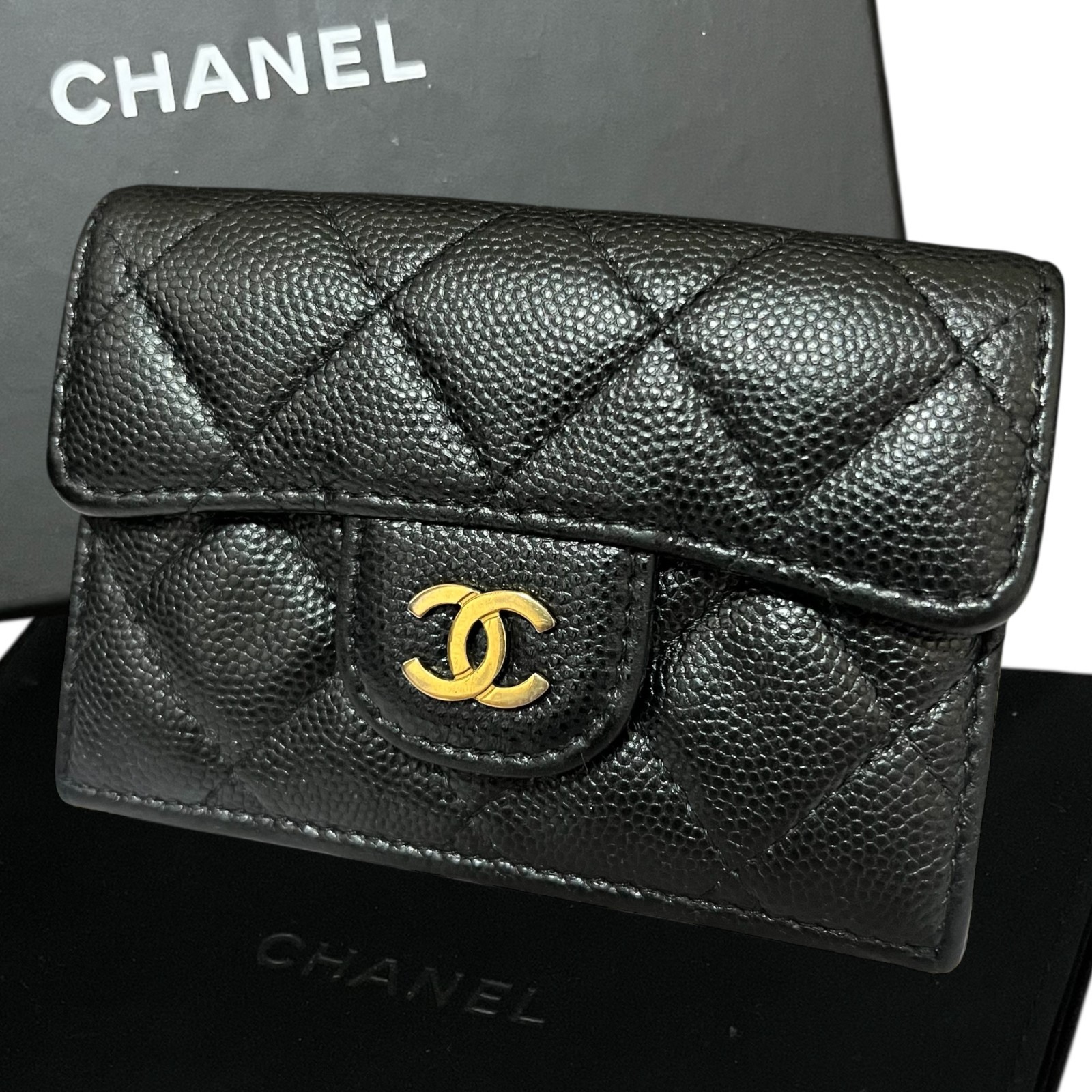 Chanel Classic Small Flap Wallet Caviar Black Trifold Matelasse Gold CC Logo