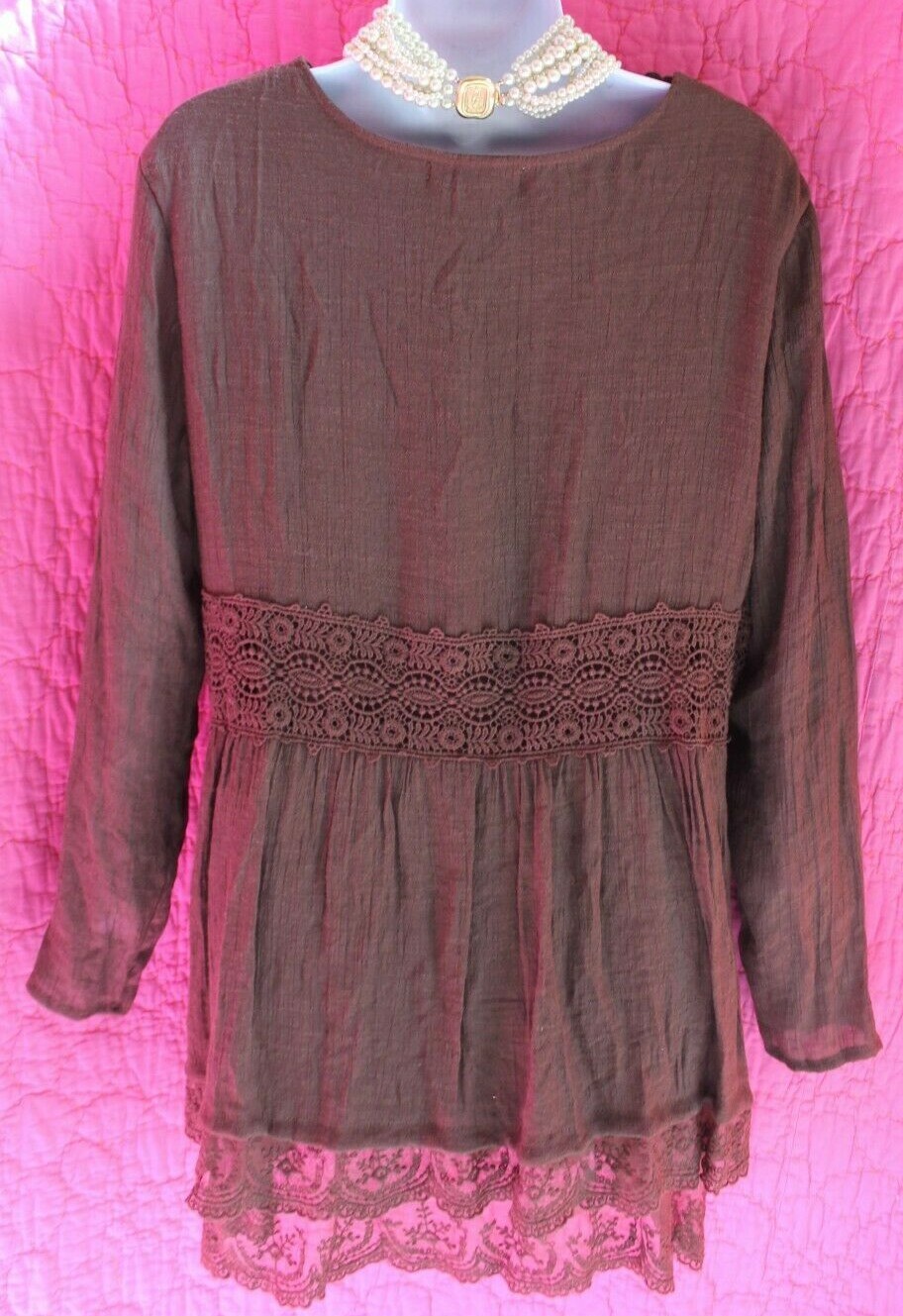INDIGO SOUL Brown Boho Tunic Top Crochet Neck Waist Double Ruffle Hem Sz L Lined