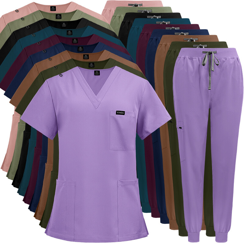 Unisex Stretch Jogger Nurse Uniform Scrub Sets Women Men V-Neck Top Elastic Pant