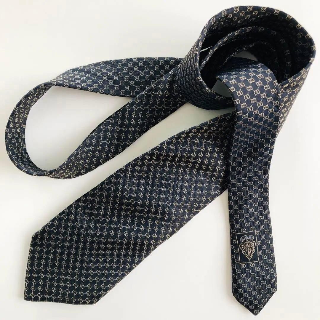 GUCCI Emblem Pattern Silk Tie Black Bronze 8.3cm Wide 154cm Long Pre-owned