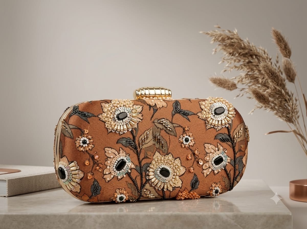 Luxury Evening Clutch Bag Leaf Artisan Sequin Work Gold Boho Embroidered Handbag