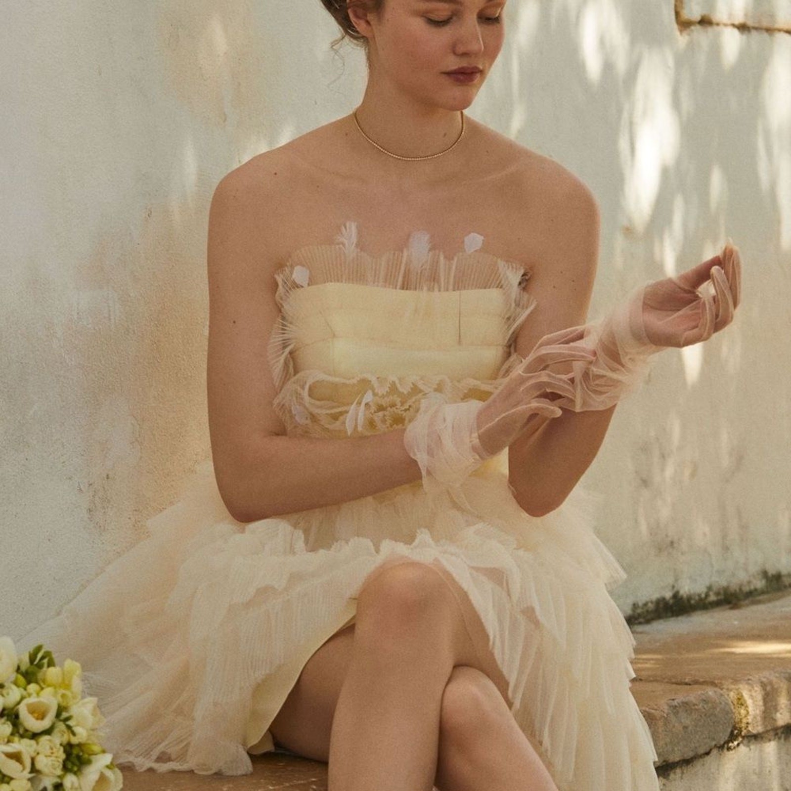 Mac Duggal x BHLDN Daphne Strapless Tiered Tulle Mini Dress in Ivory