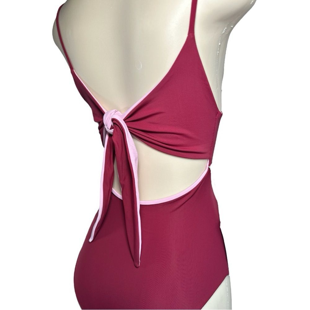 NWT FLEURSWIM Wine Red / Light Pink One Piece Square Neck Tie-Back Size: Small