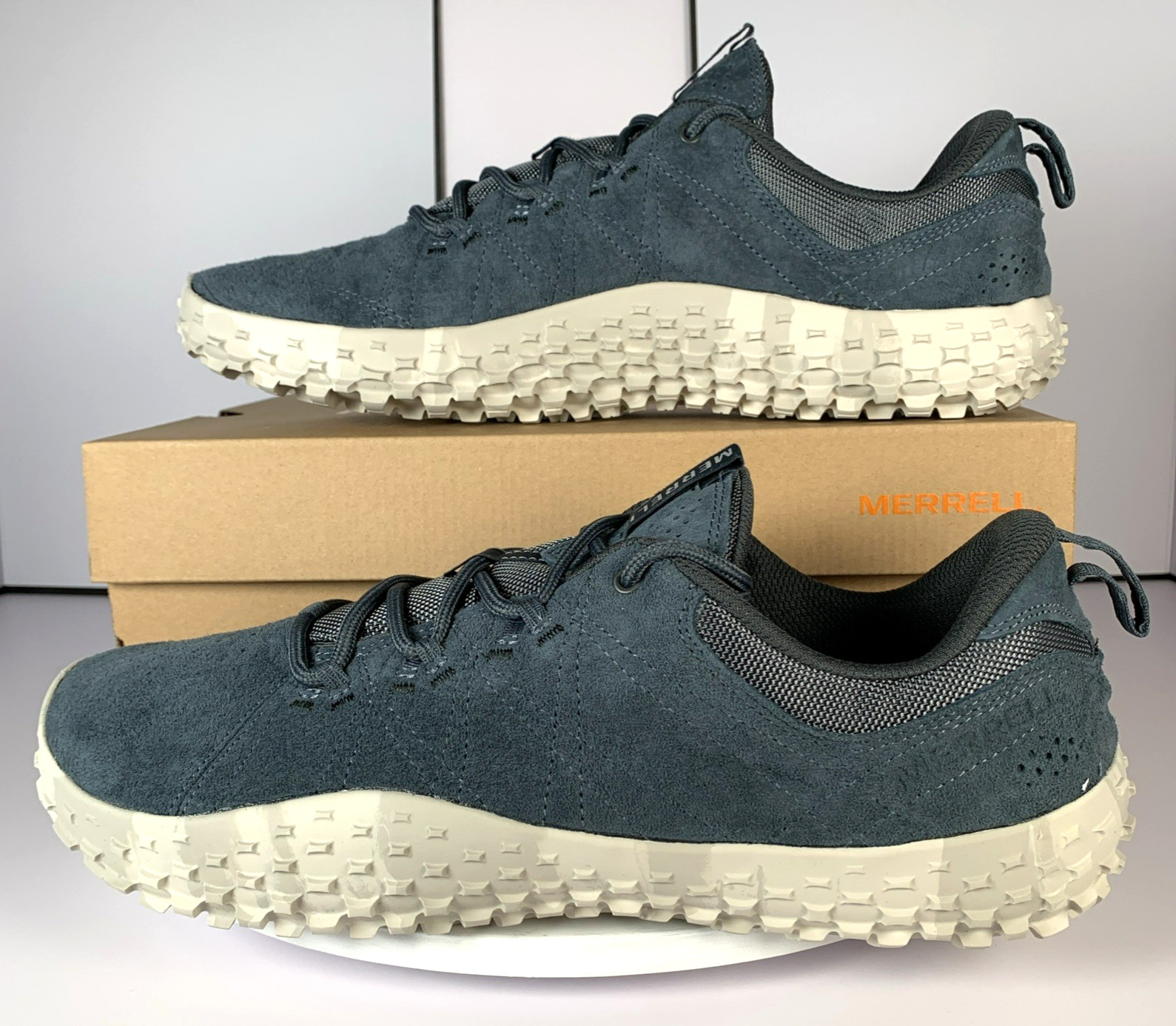 Merrell Mens Wrapt Slate Blue Gray Barefoot Minimalist Suede Sneaker Shoes, 13
