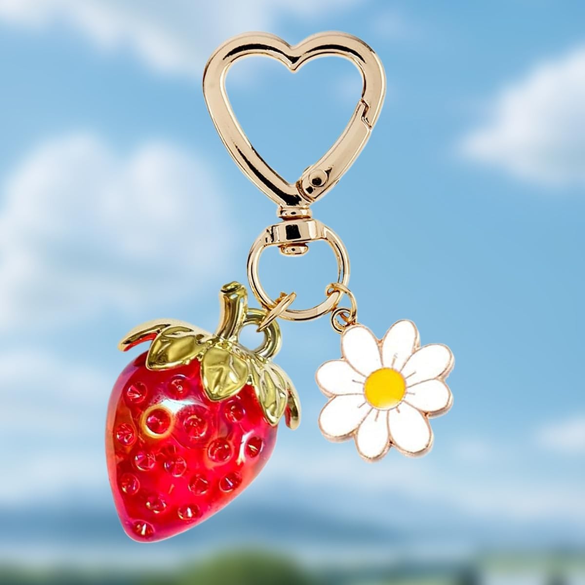Strawberry White Pink Red Bag Charm Keychain for Purse Handbag Women Gift