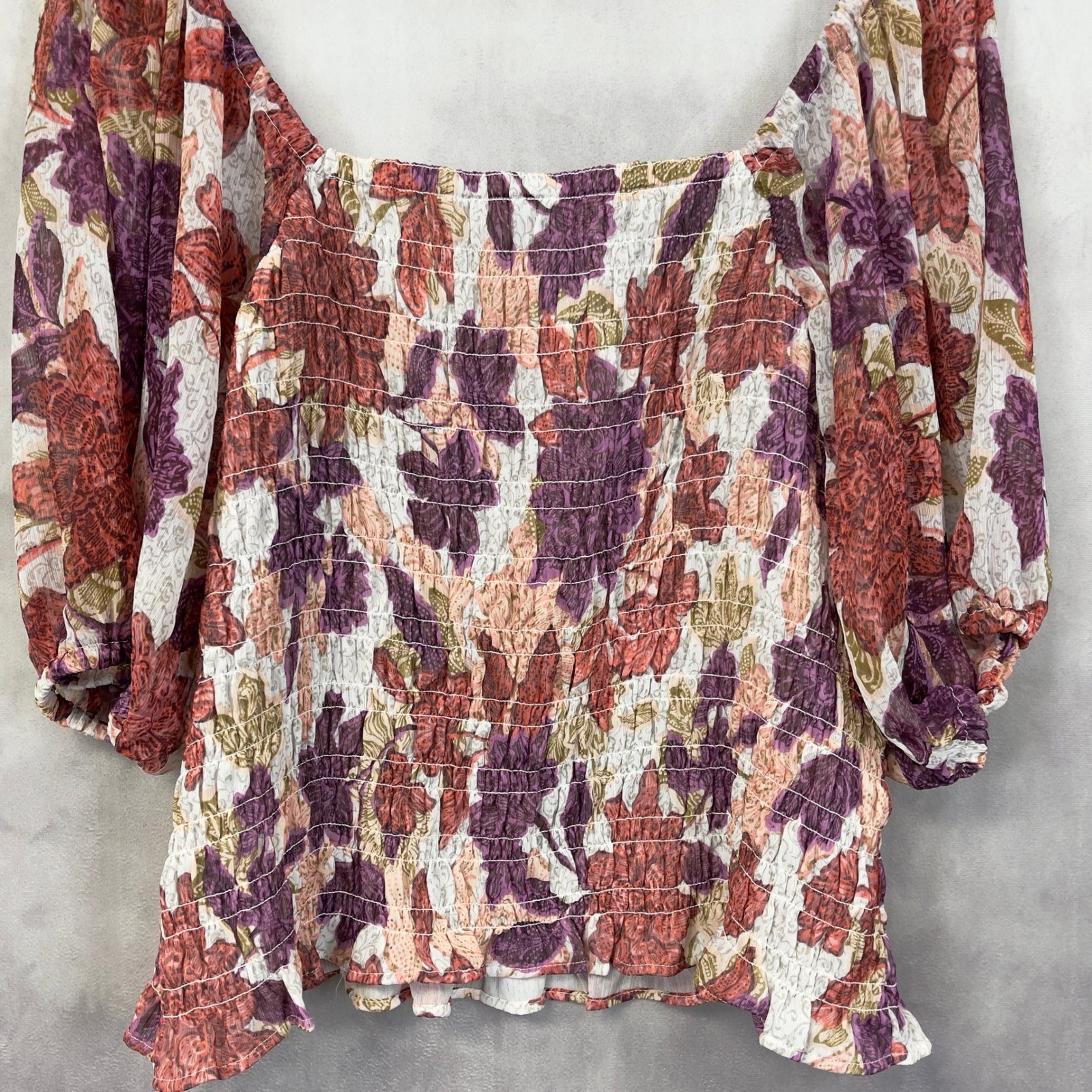 Old Navy Smocked Puff Sleeve Floral Top Women XXL Stretch Flowy Cottage Boho