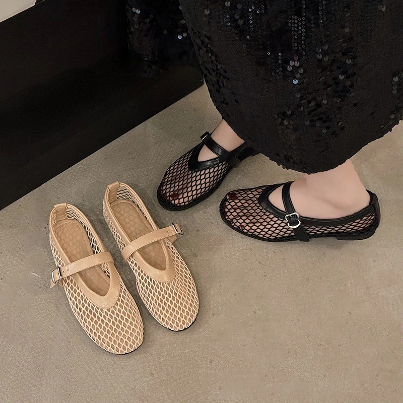 Womens Mesh Mary Jane Flats Beige Fishnet Ballet Shoes Buckle Strap Slip On New