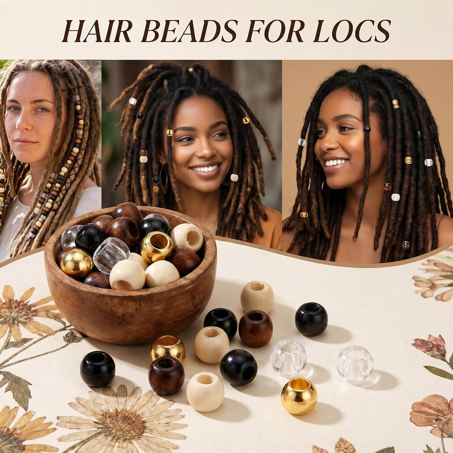 60 Pcs Hair Beads for Braid, Acrylic Wood African Hair Dreadlock Beads, Cute Hai