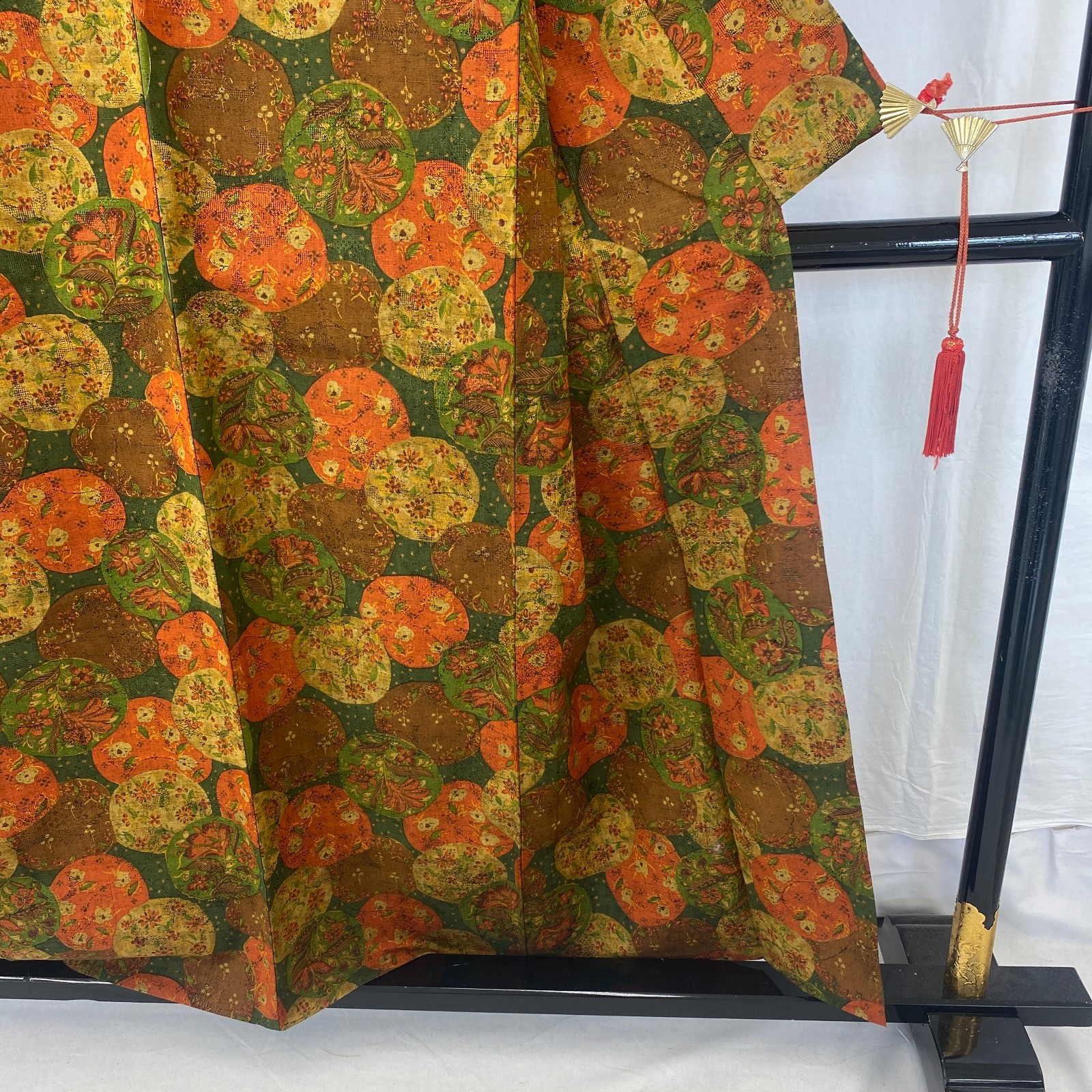 Japanese Vintage Kimono Silk Green Tsumugi No Lining Traditional Length 60 in