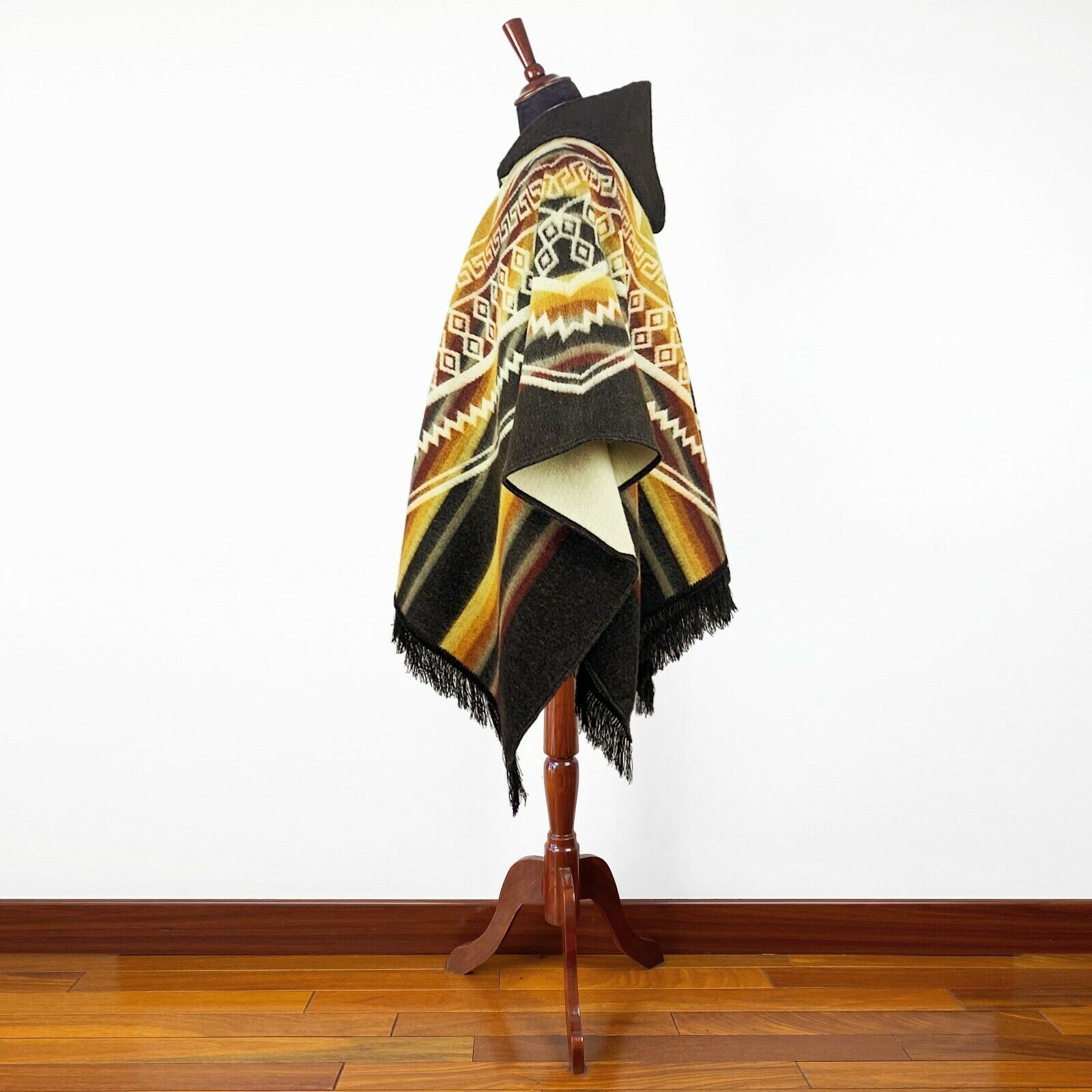 Alpaca wool Hooded Poncho Unisex Aztec pattern all seasons boho hippie XXL BROWN