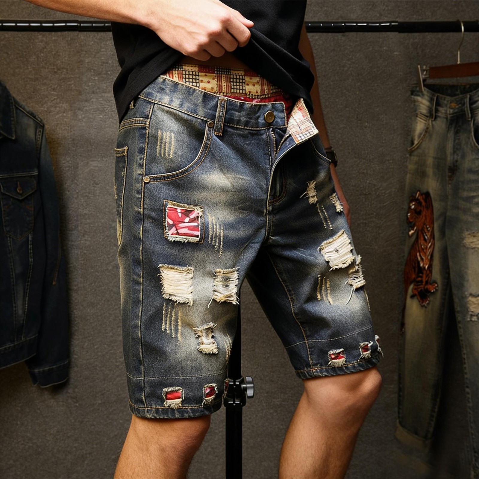 Men’s Vintage Ripped Denim Shorts Casual Loose Street Style Summer