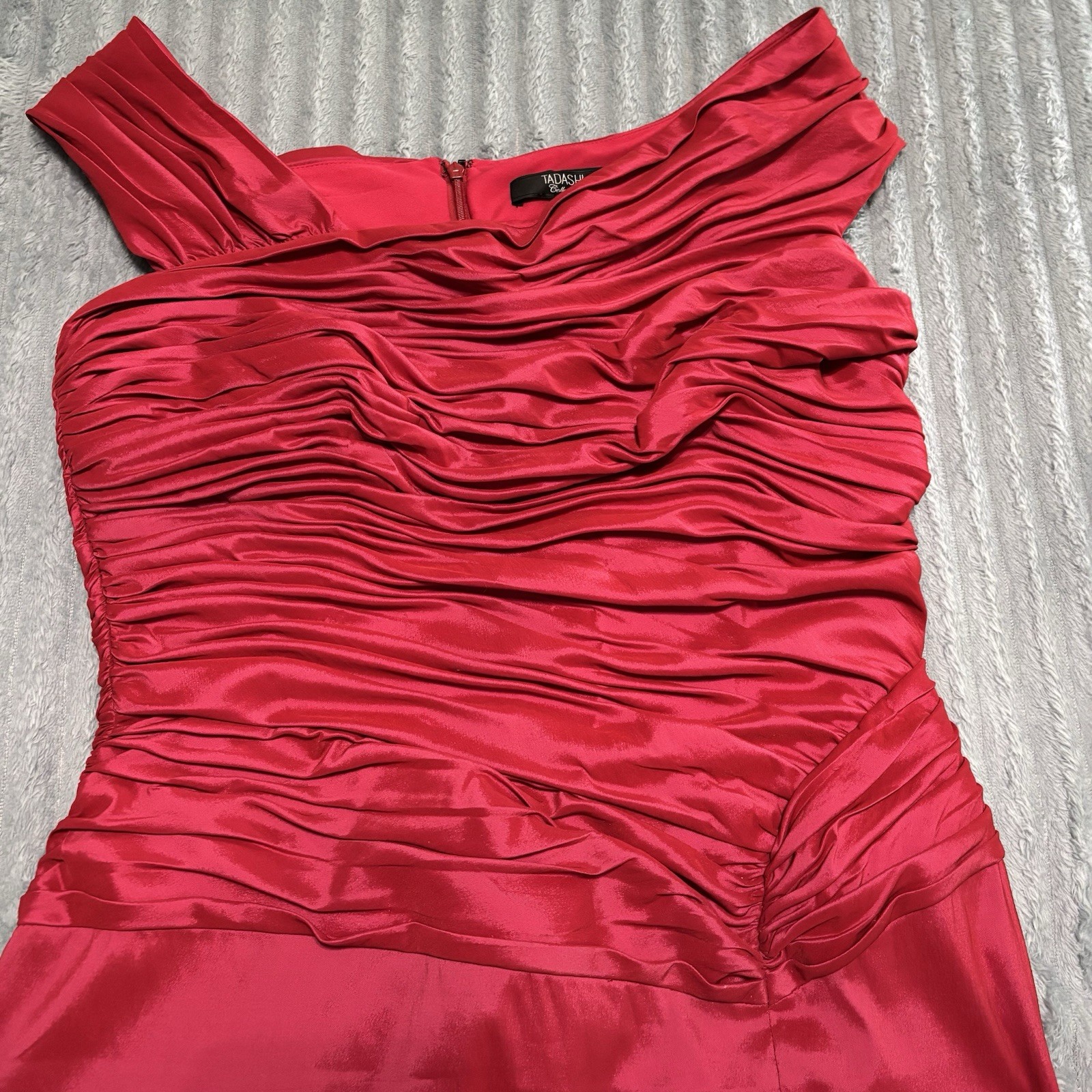 Tadashi Collection Red Satin Ruched Pleated Fit & Flare Midi Dress 16