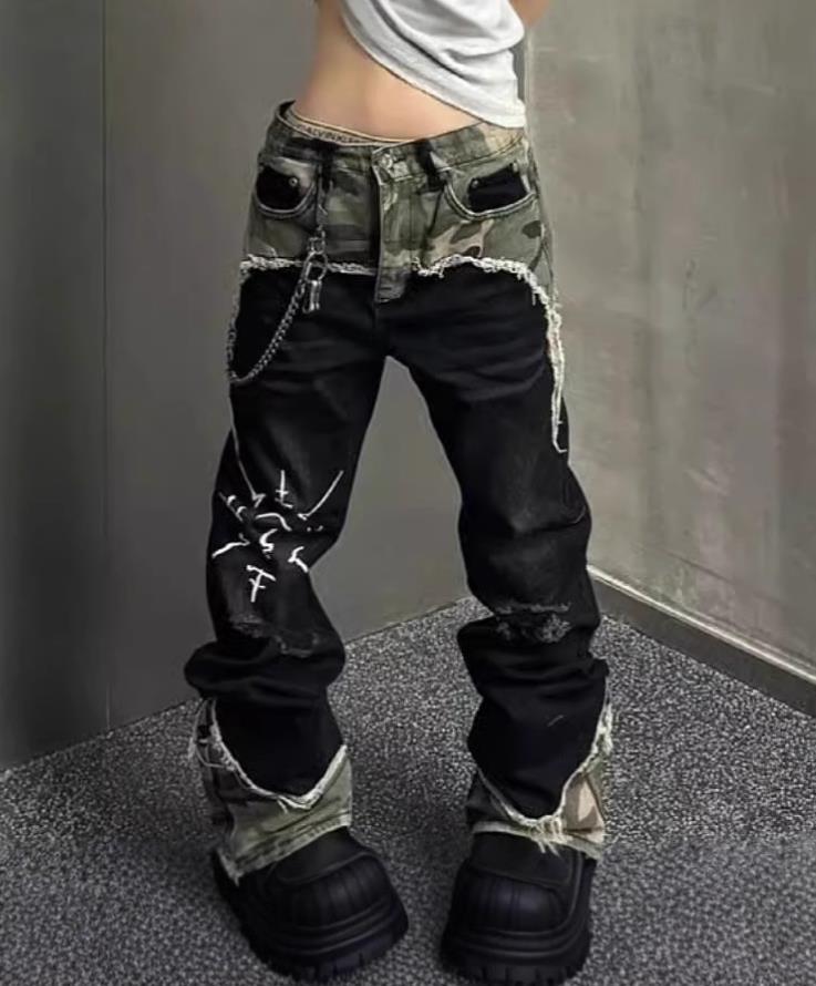 Men’s Black Denim Camouflage Mixed Straight Leg Casual Pants Jeans Punk Hip Hop