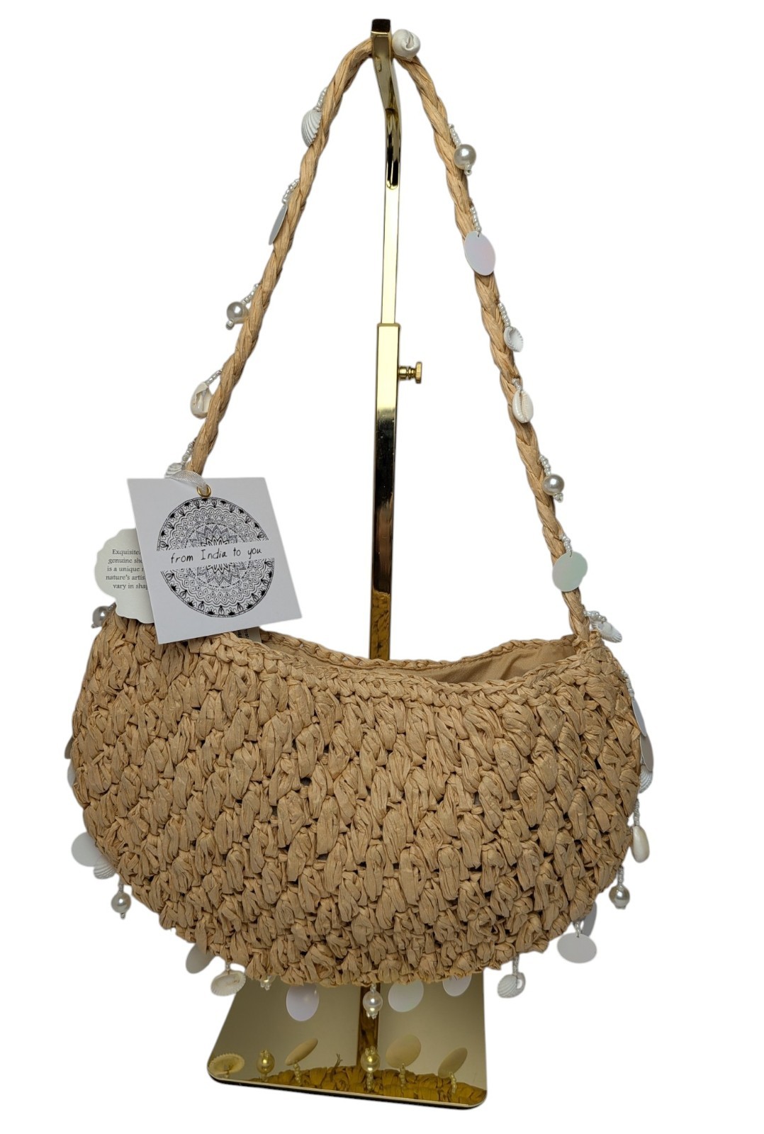 NWT From India To You Brand Artisan Lt Tan Raffia Genuine Shell Bead Accents Bag