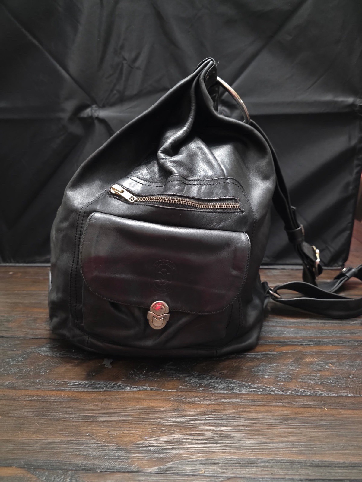 Marino Orlandi Italian Black Leather Metal Accents Sling Crossbody Bag