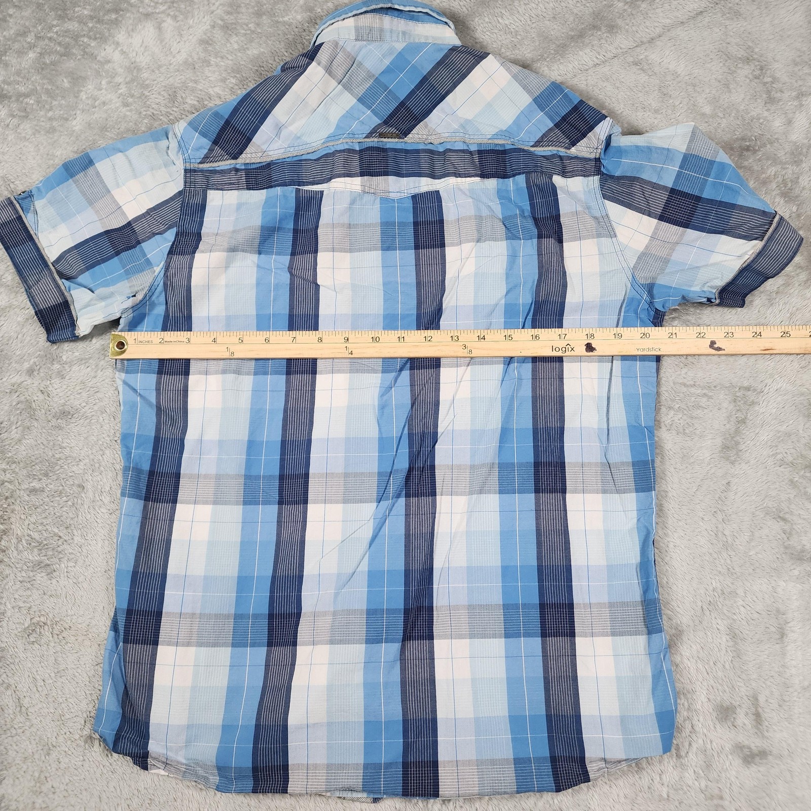 7 Diamonds Shirt Mens Large Blue Plaid Short Sleeve Button Up Snap Pockets Trim