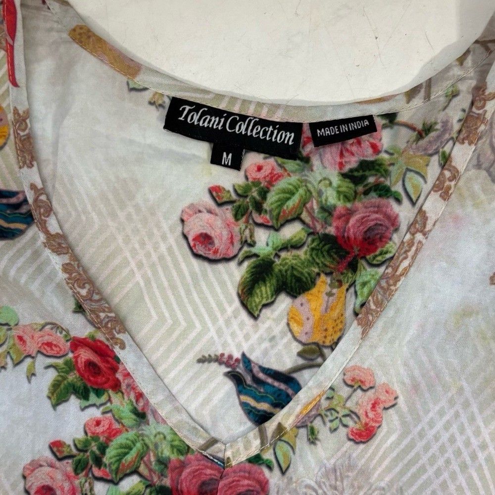 Tolani Size Medium Ivory Multicolor Floral Asymmetric Hem Tunic Top Fairy Travel