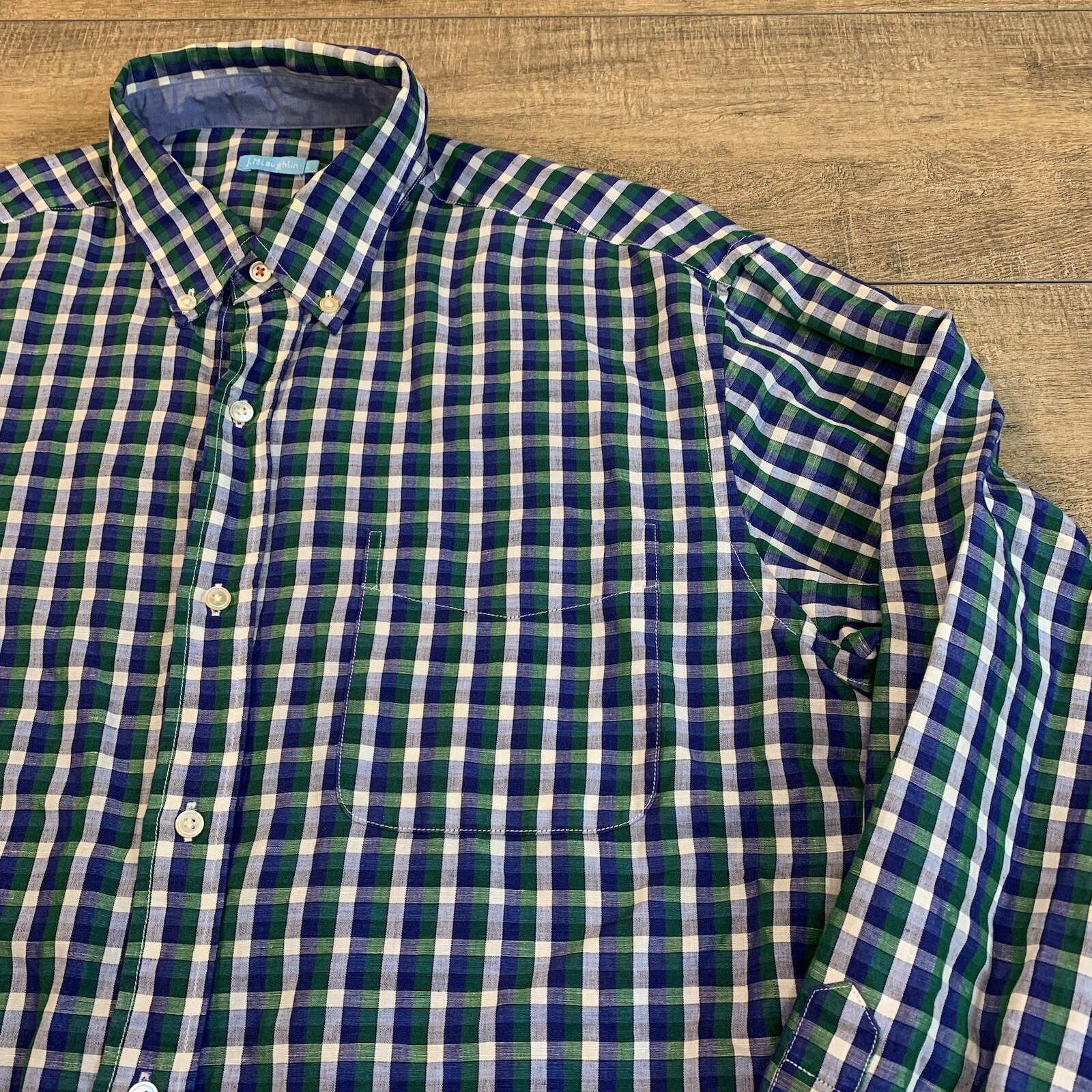 J McLaughlin Mens Long Sleeve Button Up Shirt Size Large 52% Linen Check B16