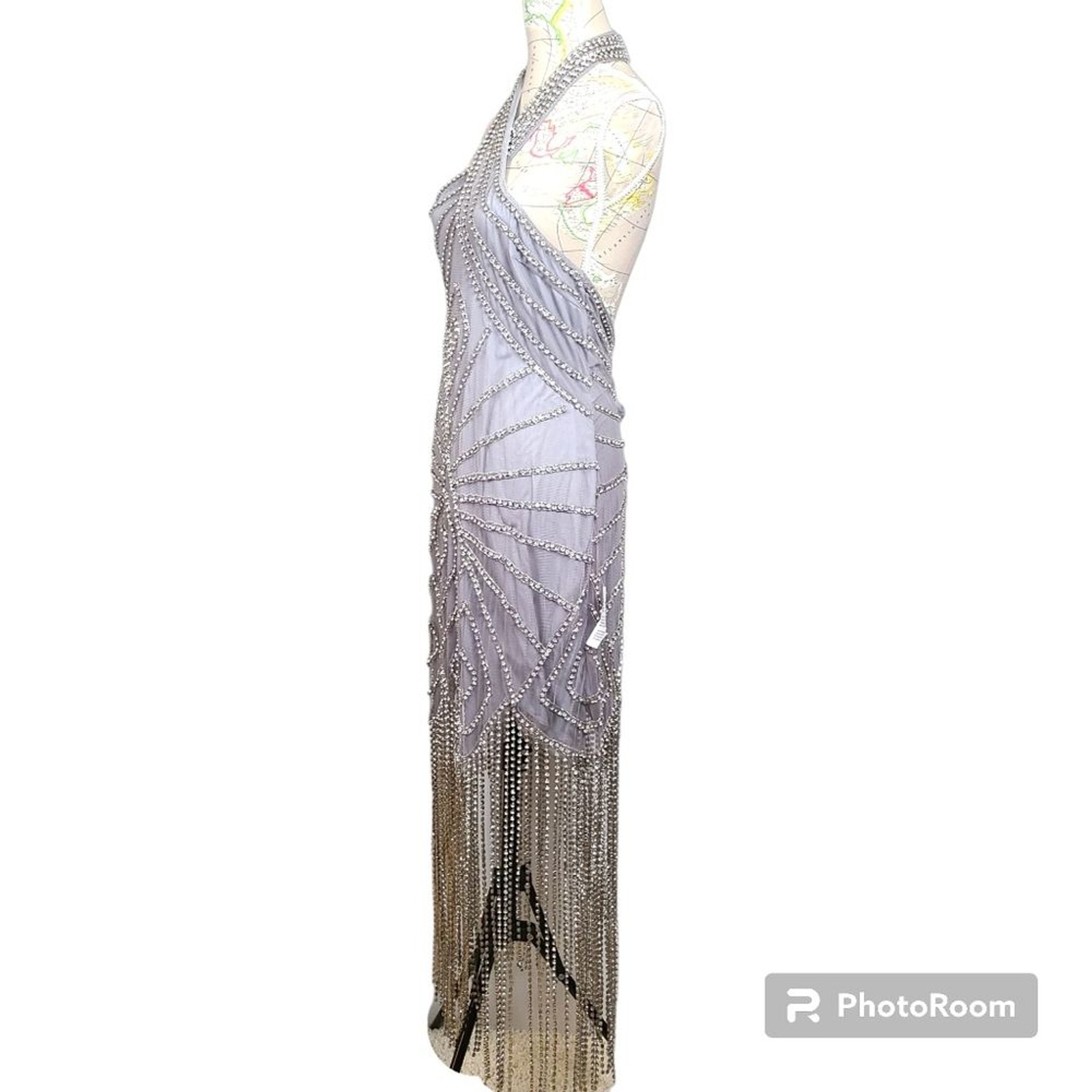 ASOS Design Size 14 Last Showgirl Silver Rhinestone Halterneck Fringed Dress NWT