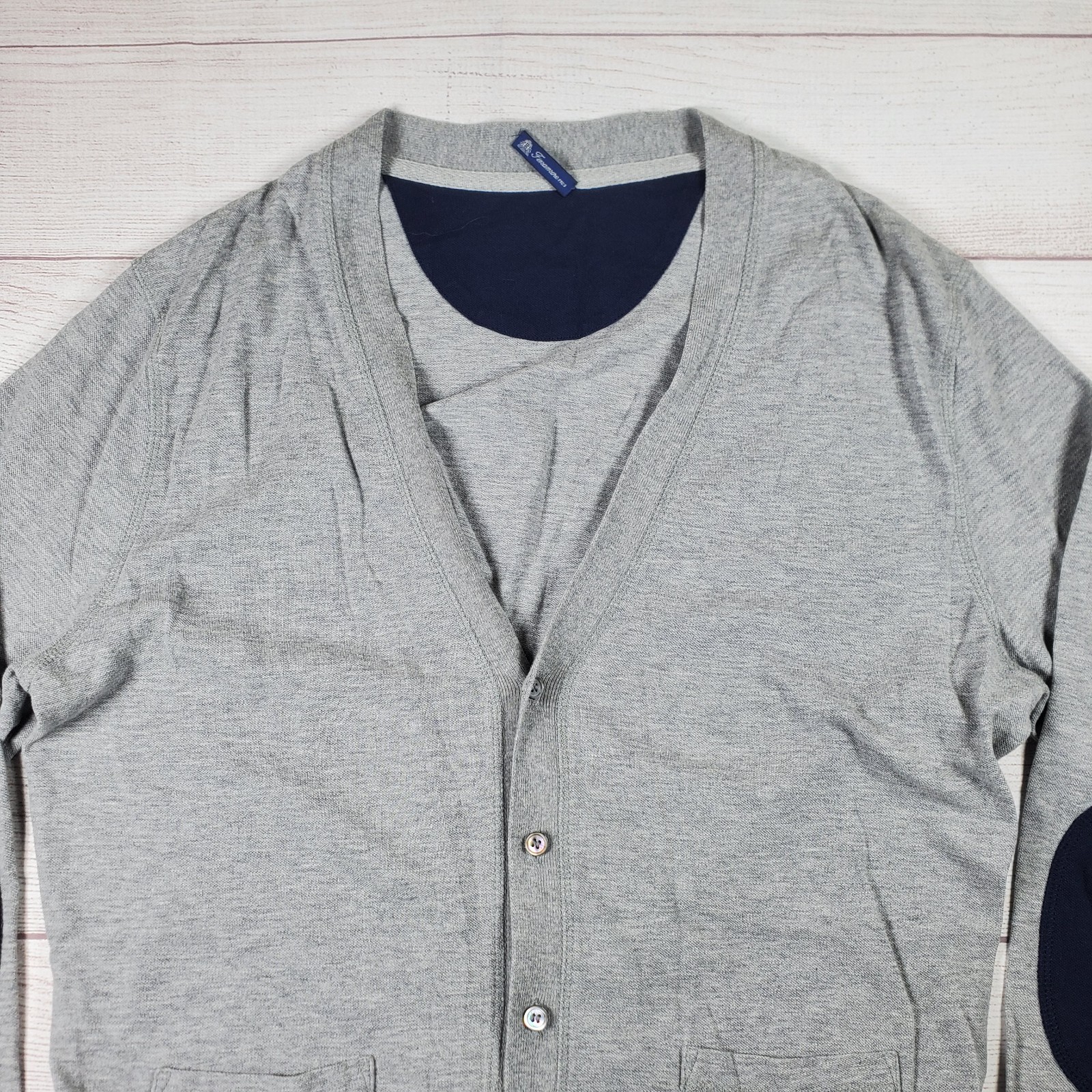 Finamore 1925 Gray Front Button Cotton Sweater Elbow Patches Size EU 52