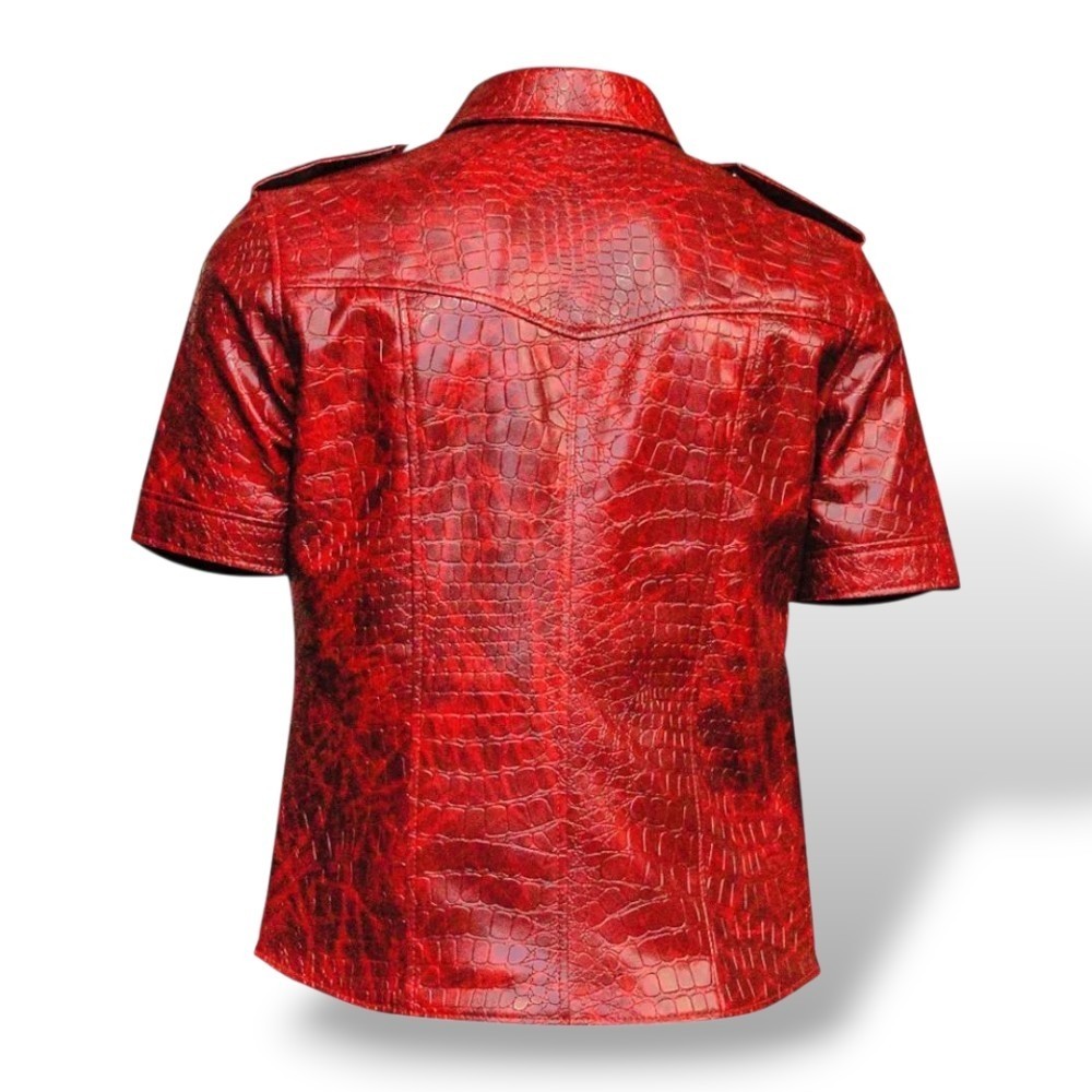 Men’s Real Crocodile Embossed Leather Shirt Red Alligator Print Western Biker