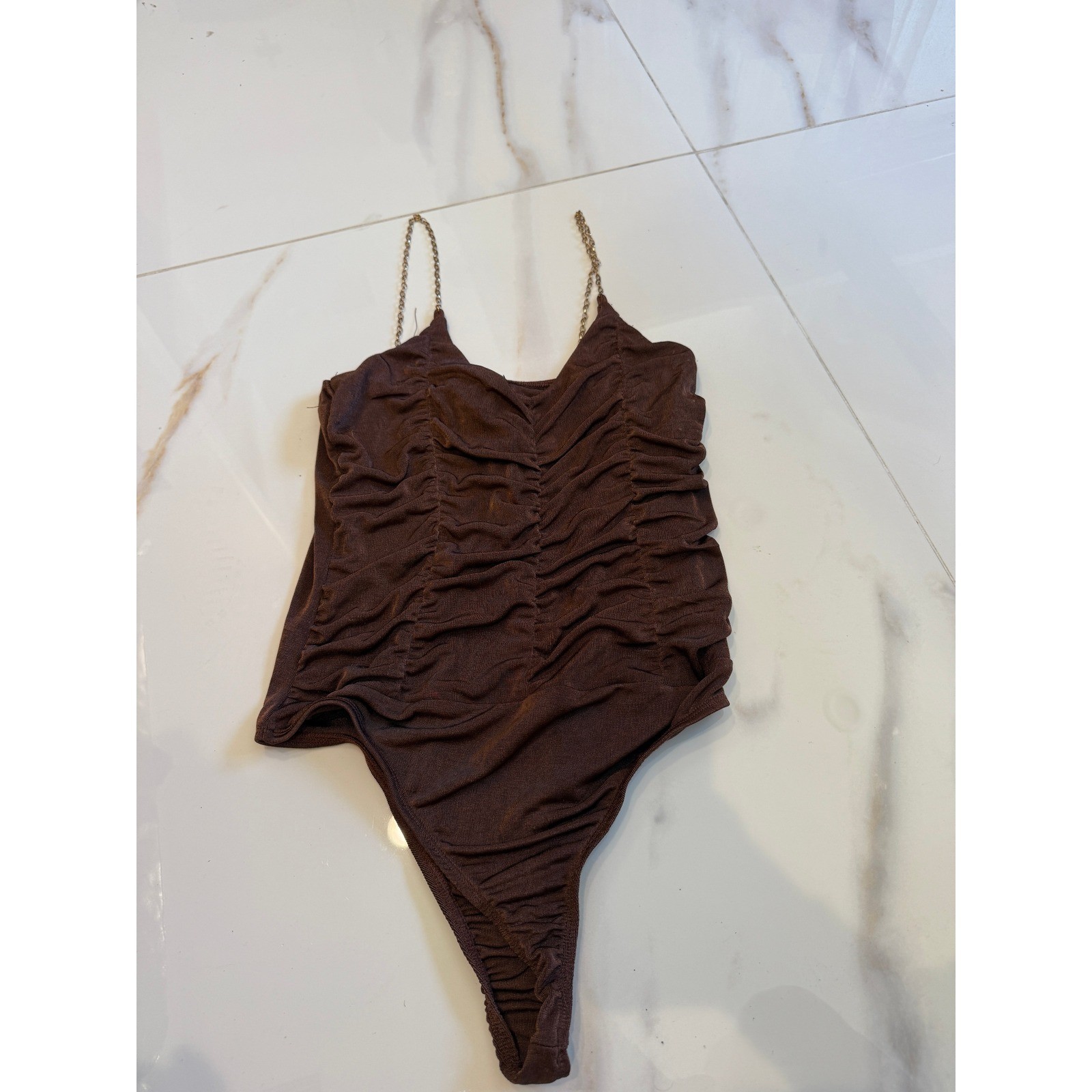 Just Polly New York Brown Ruched Bodysuit Gold Chain Straps Size L