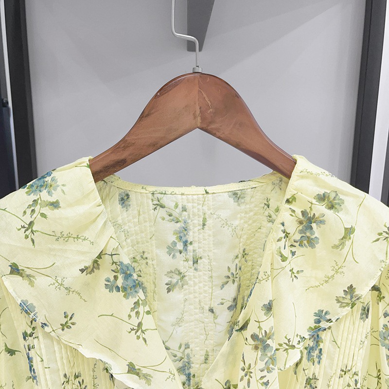 DOEN Floral Print Puff Sleeve Blouse V Neck Tie Front