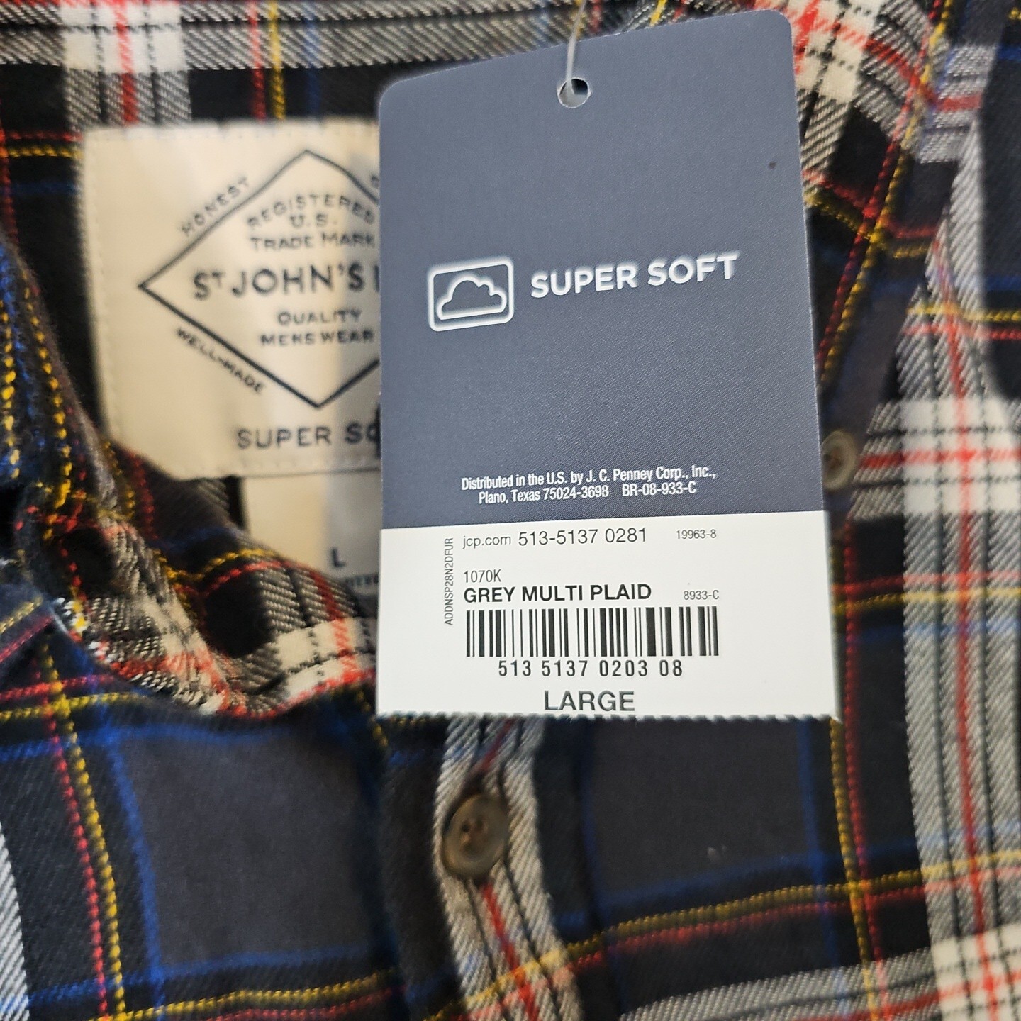 NEW NWT St. Johns Bay Flannel Long L Sleeve Dark Gray Multi-colored Plaid Shirt