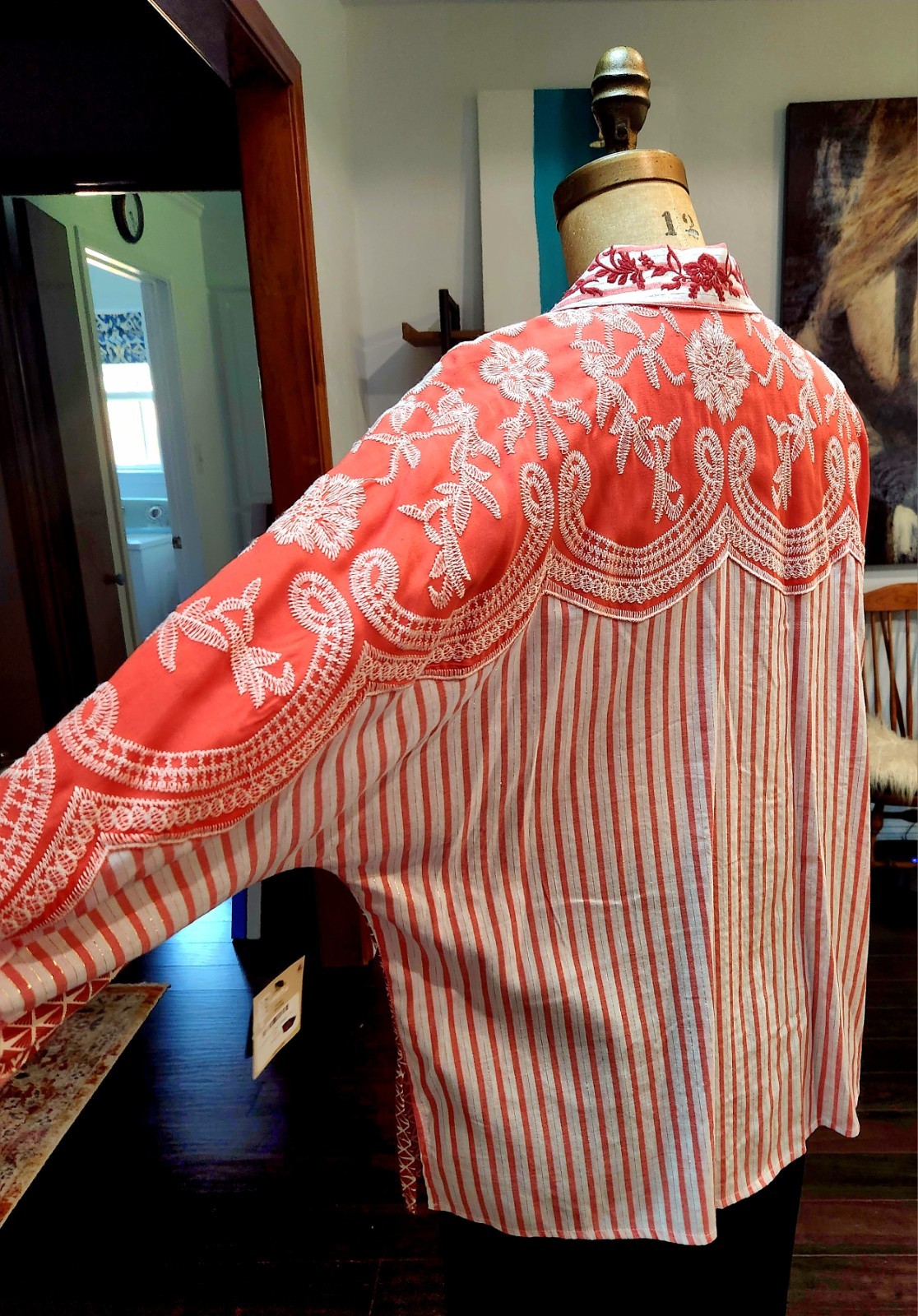John Mark Patchwork Embroidered Blouse Size S/M Coral Scallop Panel NWT