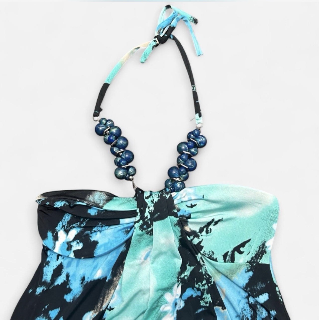 Beaded Floaty, Y2K Blue Floral Waterfall Tank Top Halter Top Shirt