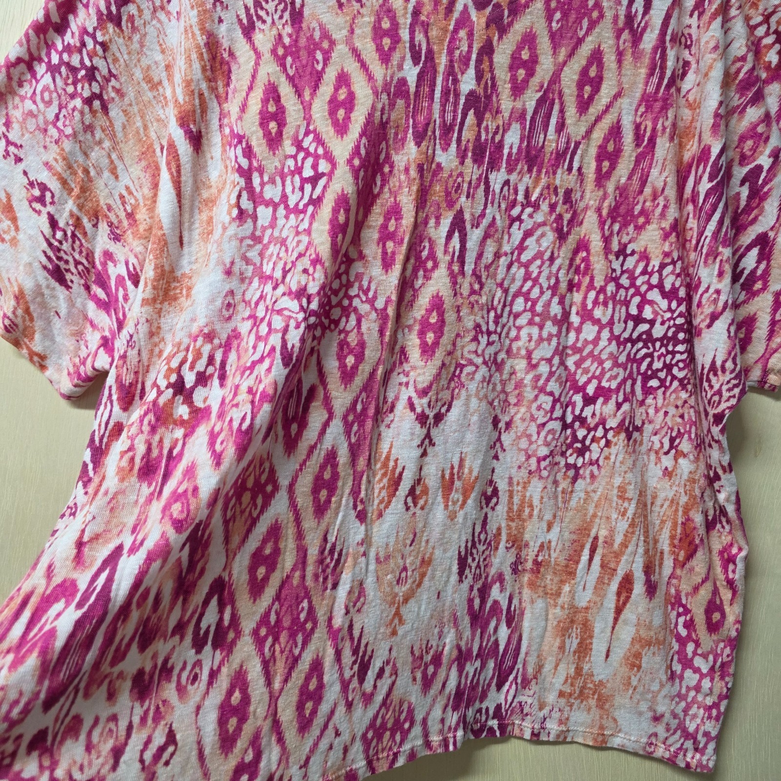 Chicos 4 XXL 100% Linen Ikat Print Dolman Top Pink Peach V Neck Boho