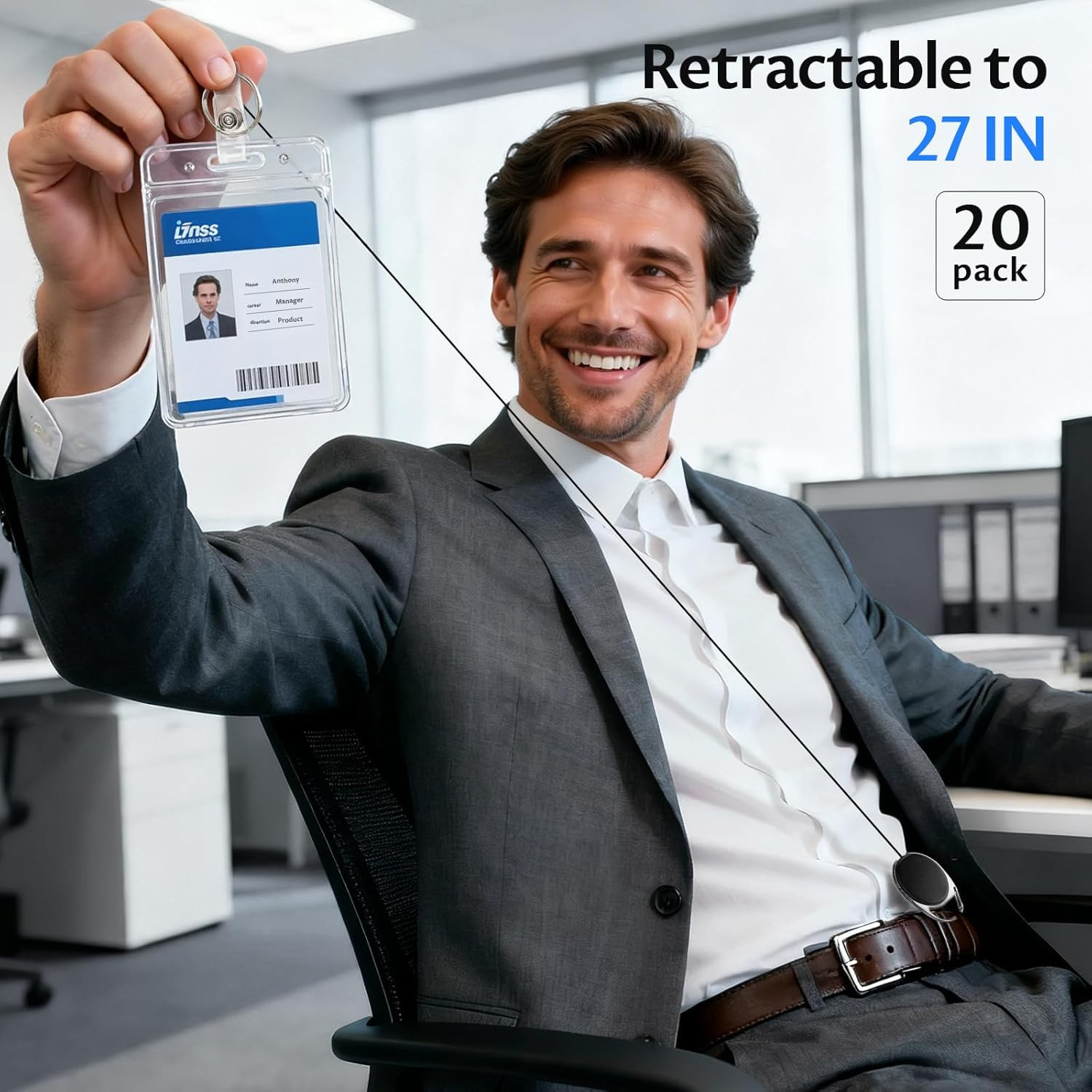 20 Pack Retractable Badge Holder with Carabiner Reel Clip, Badge Reel Bulk ID Ca