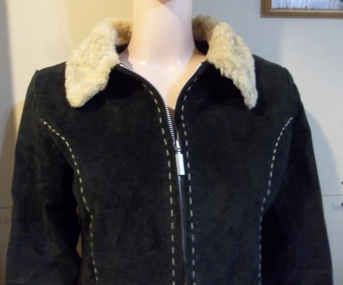 VTG Y2K RUE 21 JACKET BLACK LARGE 100% LEATHER FAUX FUR TRIM
