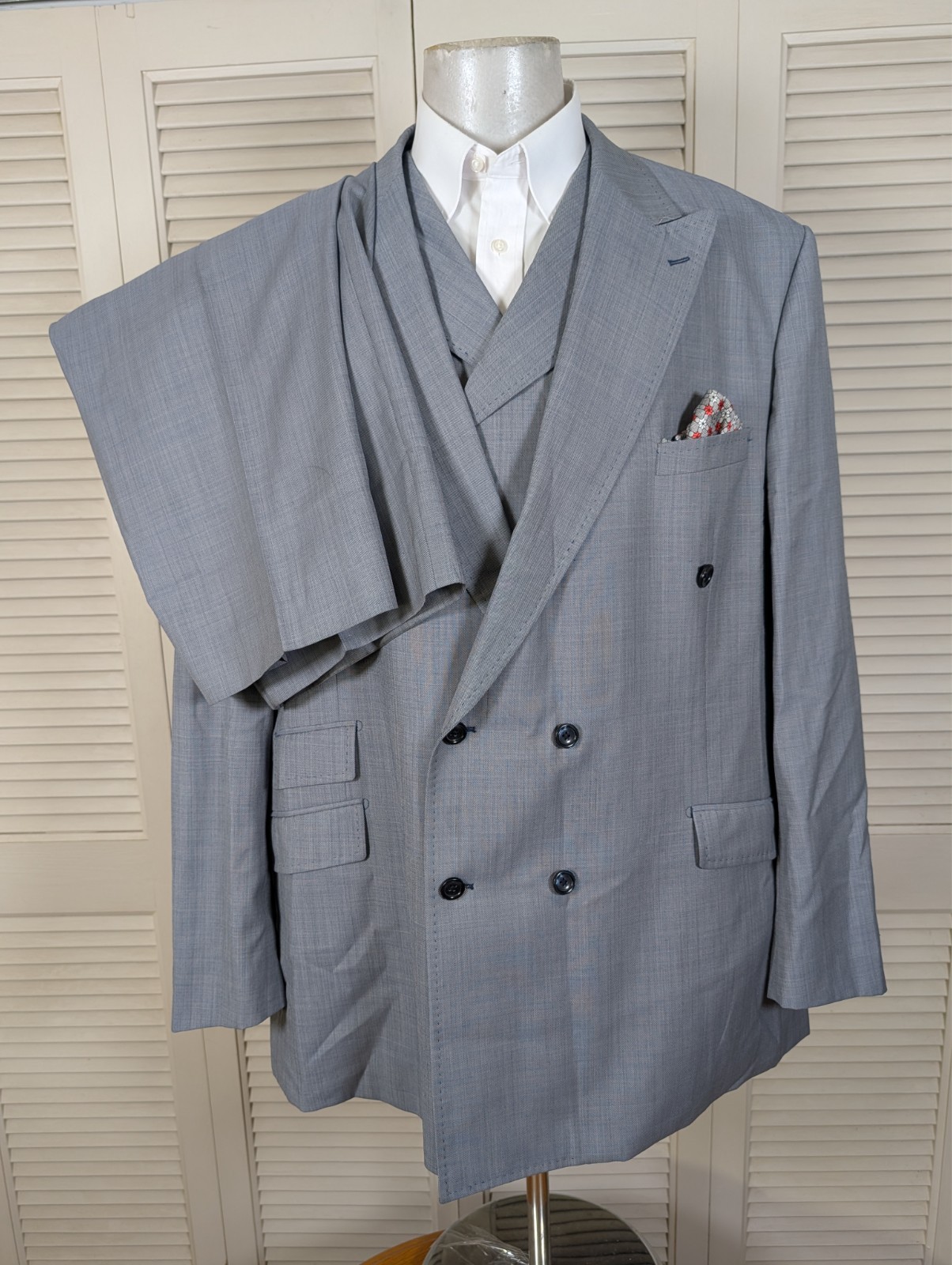 Tiglio Rosso 3 Piece Suit Mens 56L Pants 48×34 Light Gray Double Breasted 150s