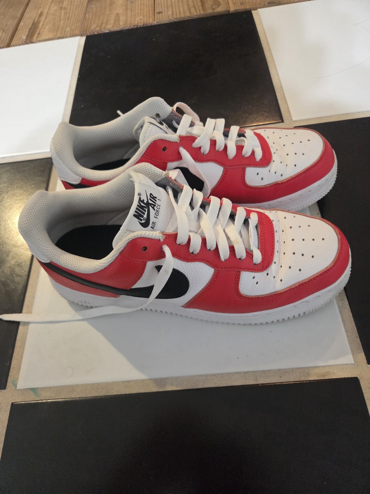 Nike Air Force 1 Low Top Men’s Sneaker Red/White/Black Colorblock Lace-Up