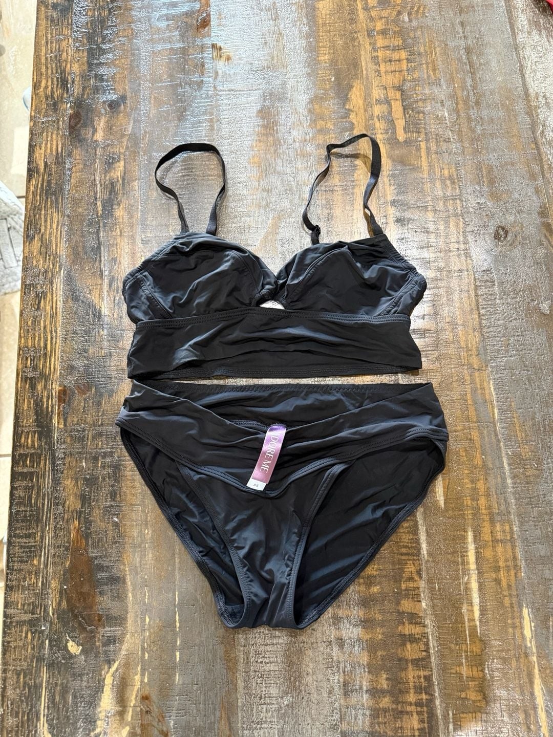 Adore Me Black Two-Piece Bikini Set with Longline Bra Top and Ruched Bottoms