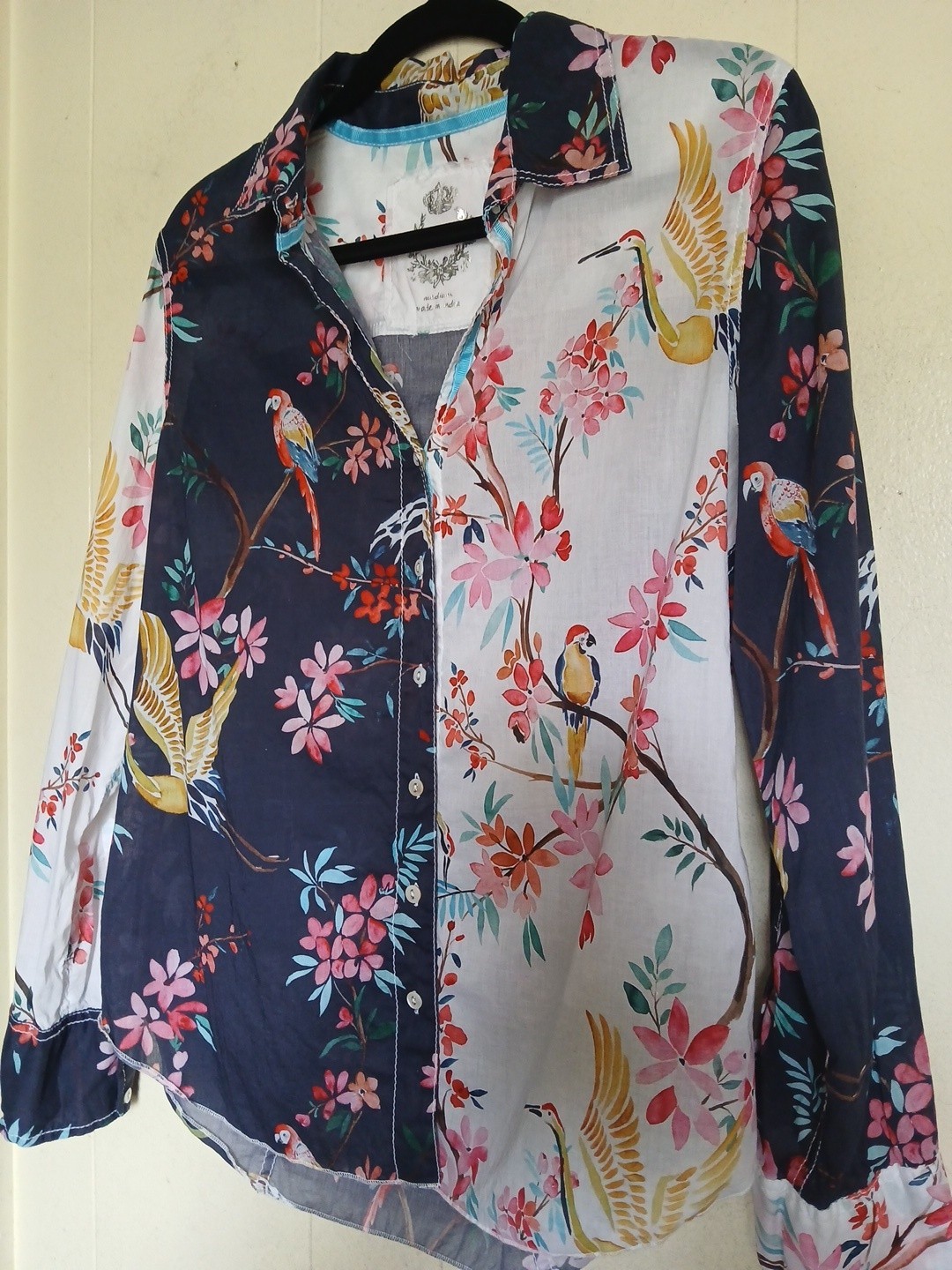 Cino Floral Botanical Bird Print Button Down Blouse Tab Sleeve 100% Cotton Sz M