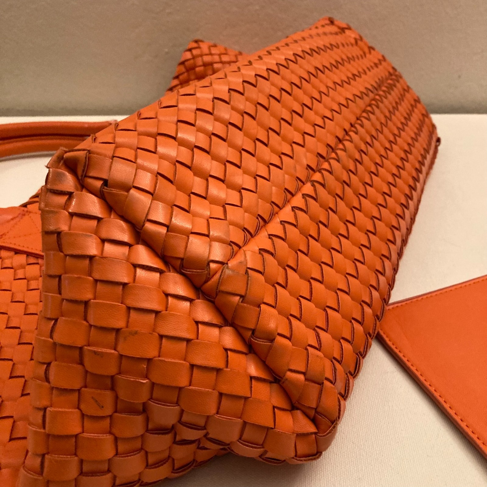 Woven Nappa Leather Tote Bag 21″ Intrecciato Shopper Lambskin Orange Large