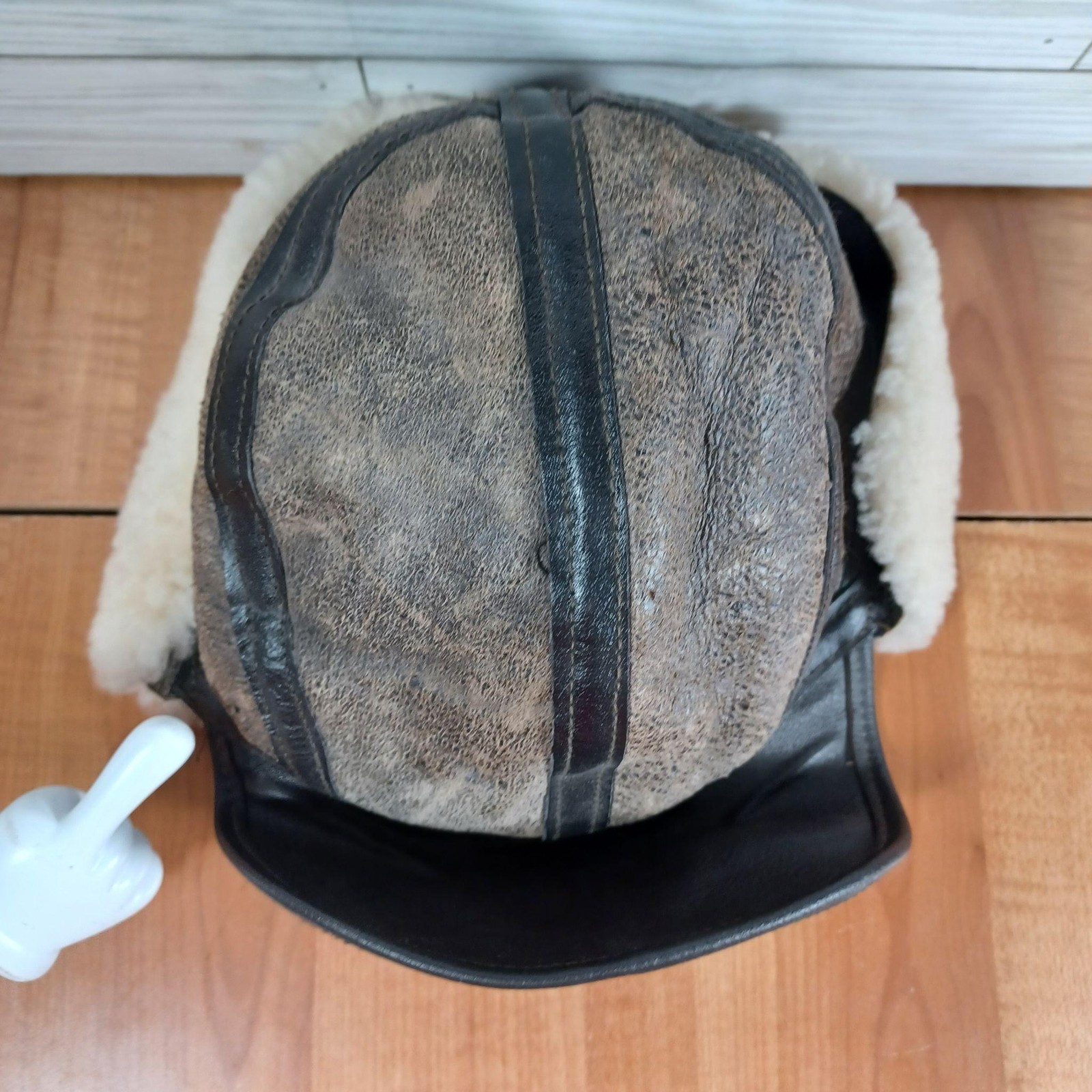 Vtg Avirex Bomber Hat Cap Mens M Brown Leather Shearling Lined Ear Flap Made USA