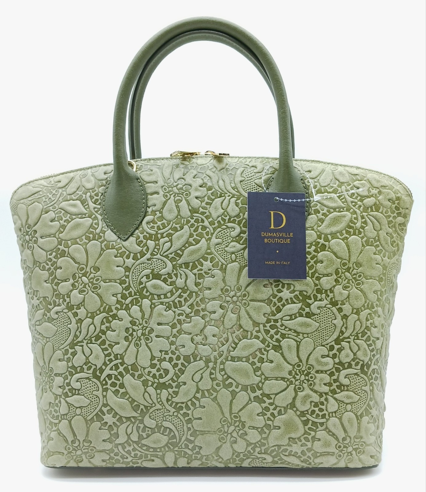 Army Green Italian Genuine Leather Floral Embossed Handbag Satchel Made In Italy