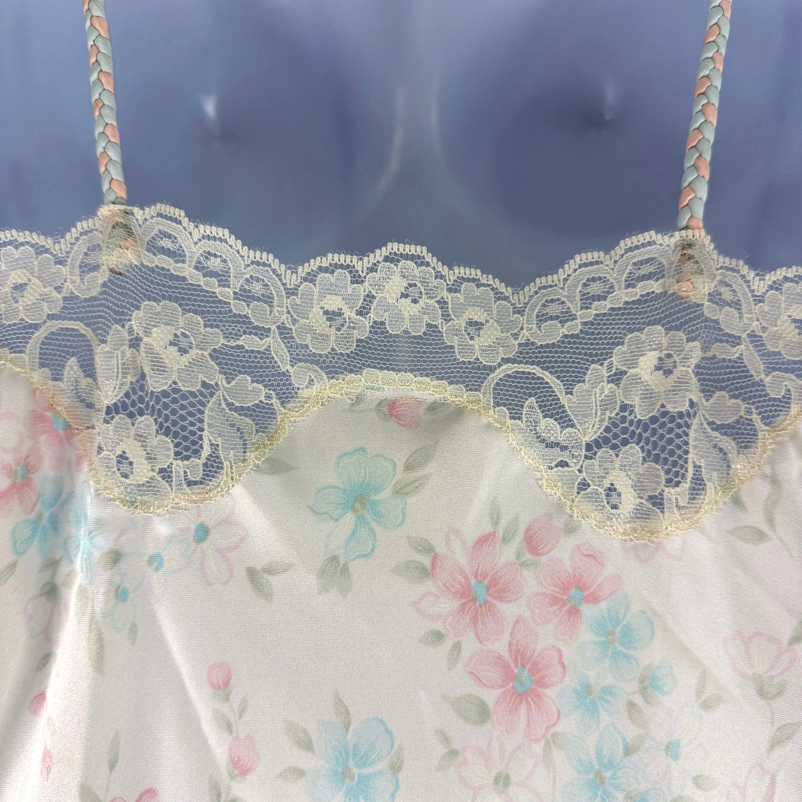 VTG Sara Beth Satin Poly Nightgown Robe Set Pink/Blue Floral Lace Bridal Small