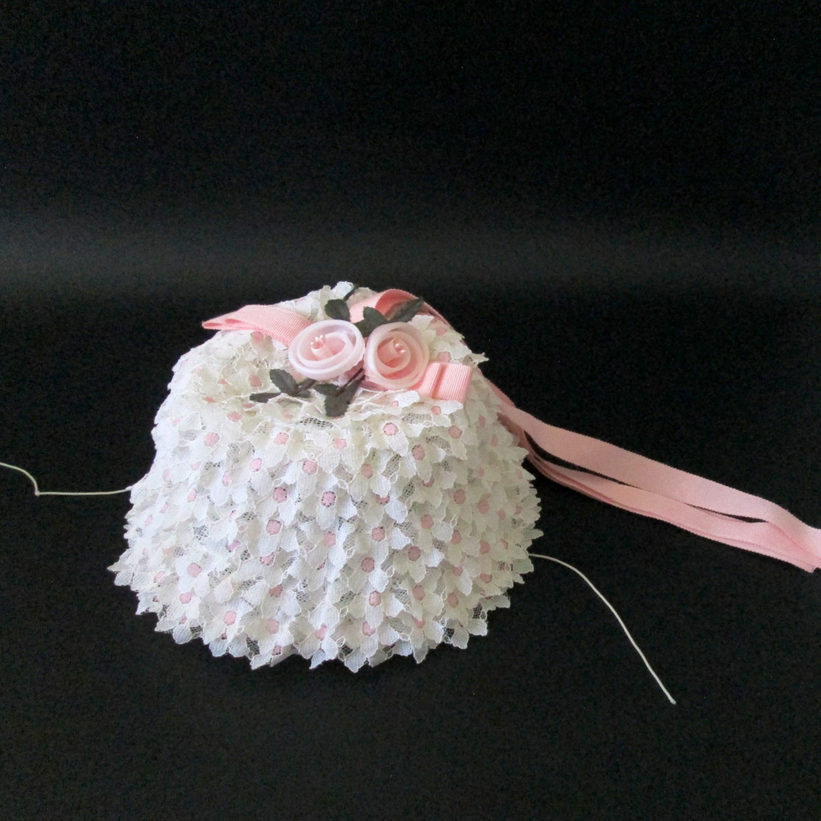 Vintage Lace Ruffle Pillbox Hat Ribbon Roses Grosgrain Ribbon Wedding Church
