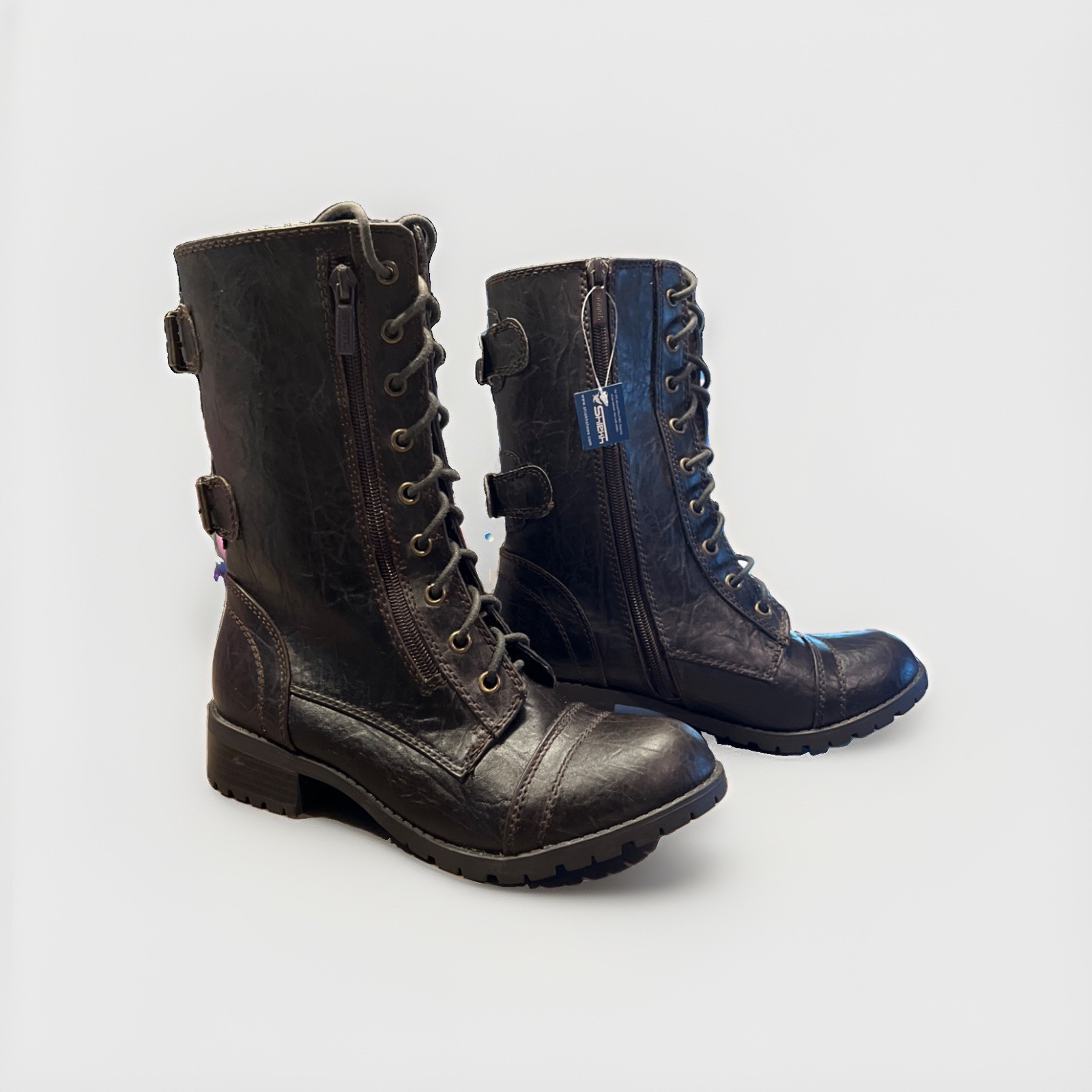 Sheikh Boots Dark Brown 10 Inch Ht. Lace Up Zippers Both Sides W/Buckles 7 1/2