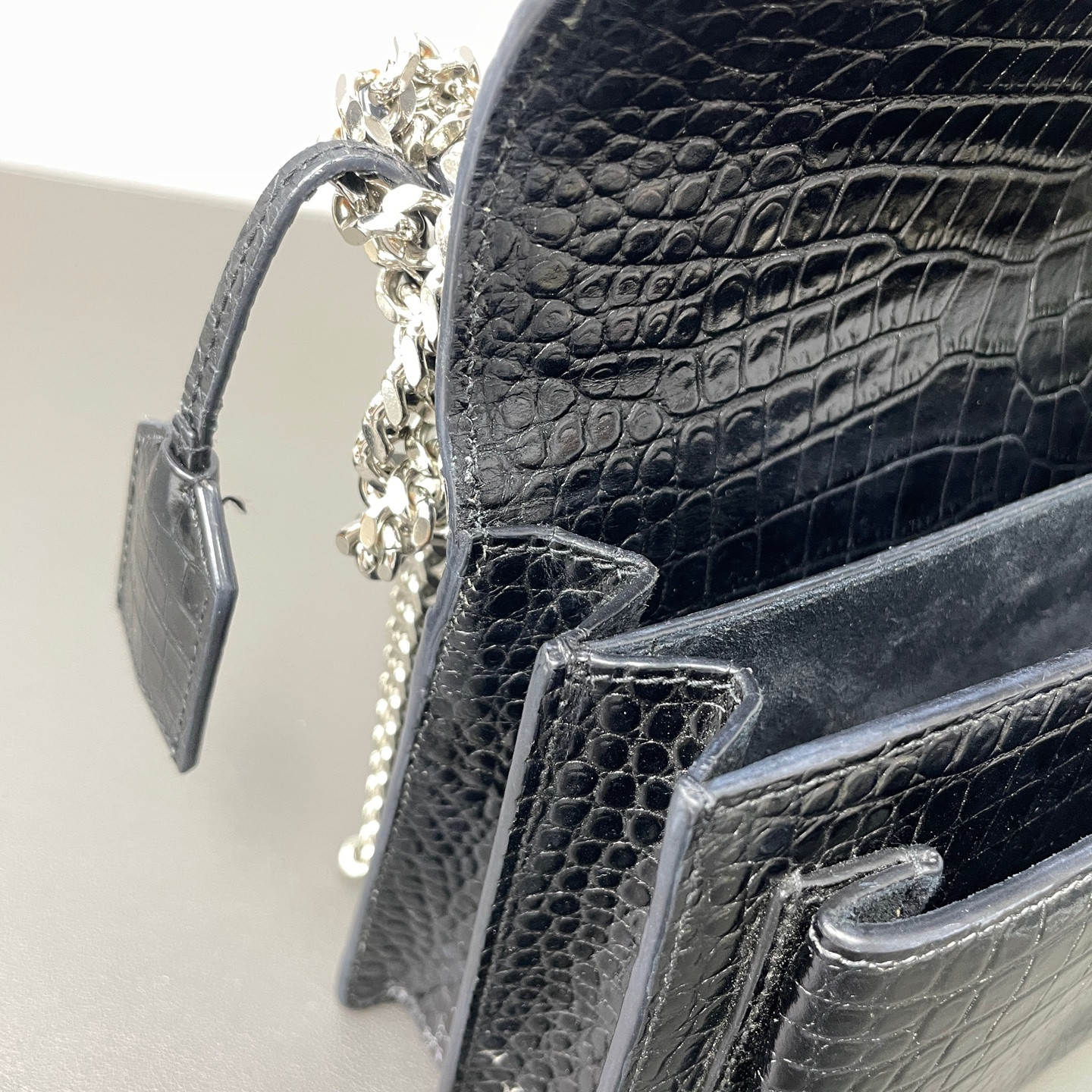 Authentic Saint Laurent Sunset Crocodile Embossed Leather Crossbody Black eBay