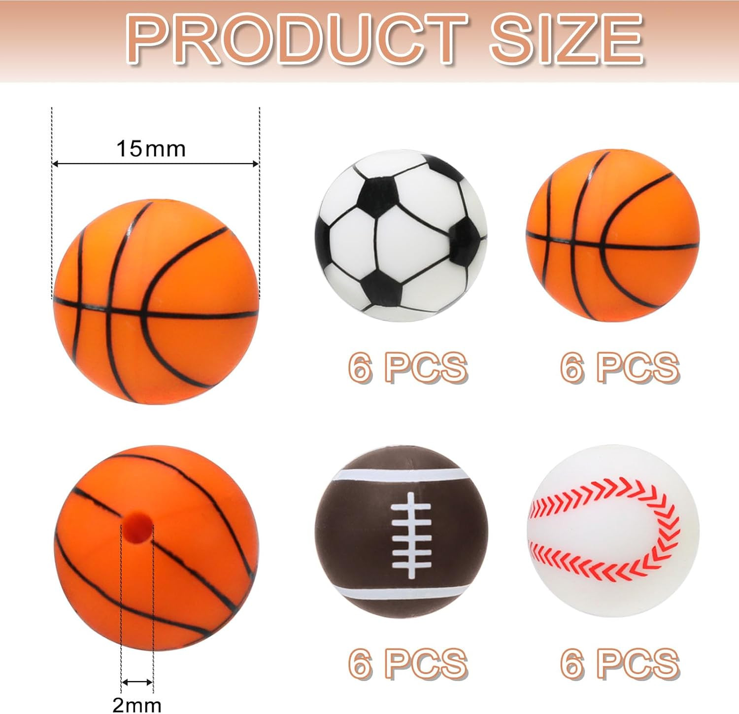 24 Pcs Print Silicone Beads Sports, 15Mm Soft Rubber round for Keychain Wristlet