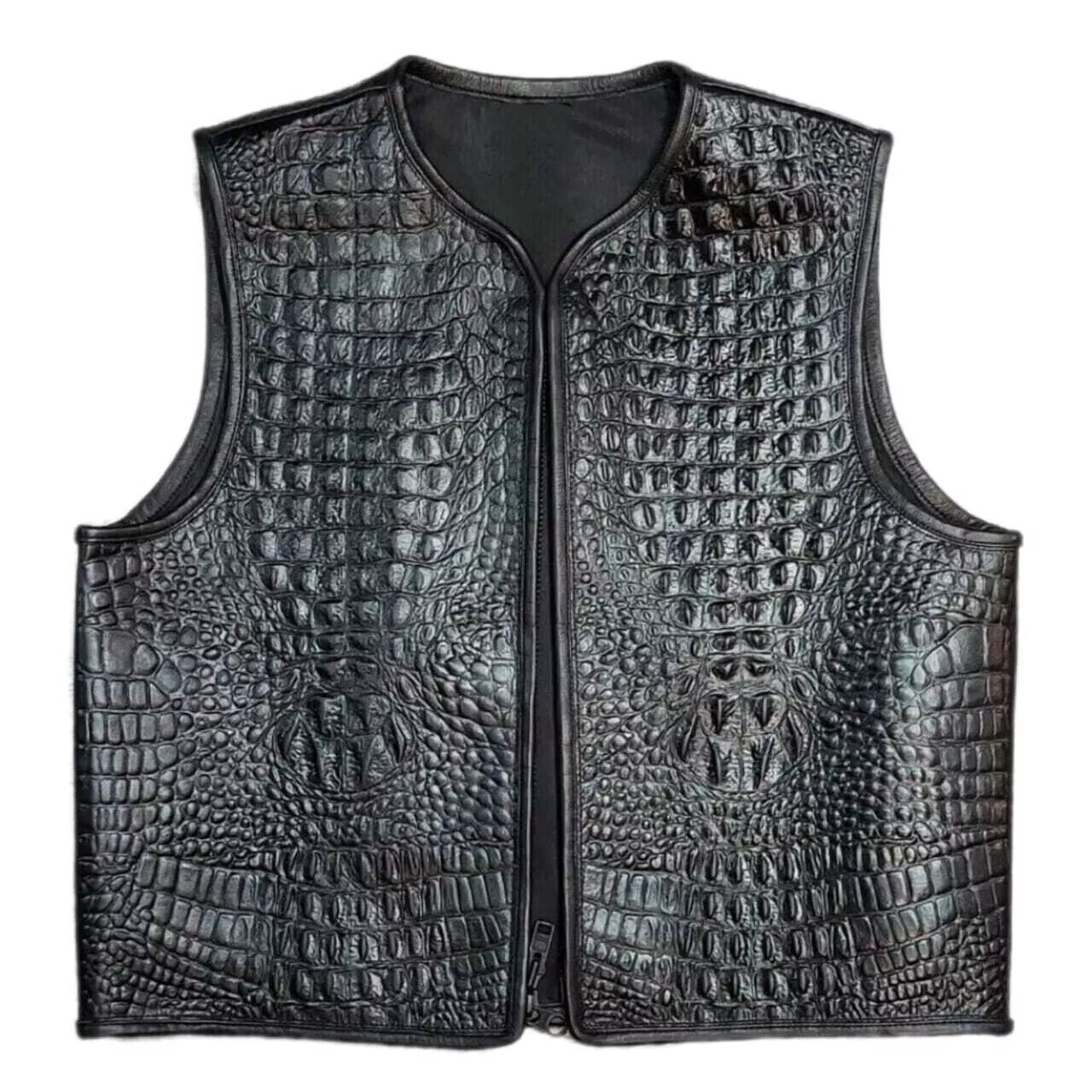 Unisex in Black Crocodile Embossed Leather Fashion Vest Concealed Biker