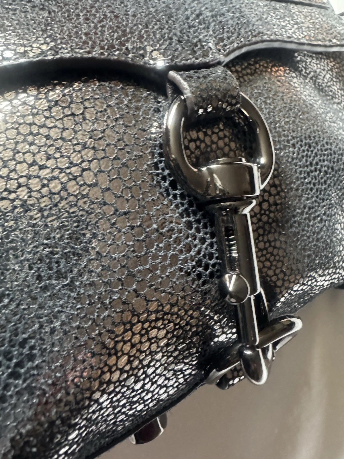 Rebecca Minkoff Mini Mac Clutch SILVER Metallic Black Hardware Crossbody 9”x7”