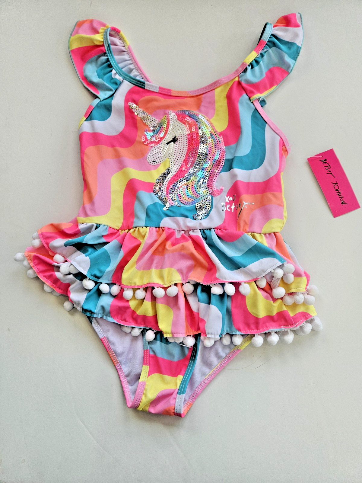 Betsey Johnson Big Girls 10 1 Pc Swimsuit Ruffle Unicorn Pom Pom Pink Sequin