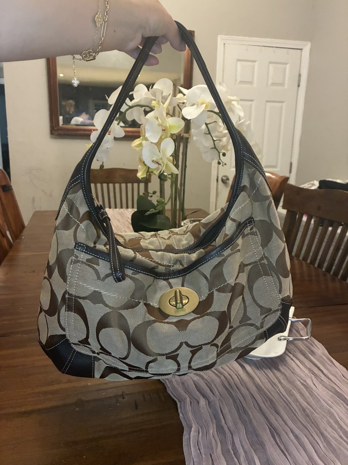 Vintage Y2K Coach Ergo Signature Hobo Bag Womens Khaki 10764 Canvas Leather Trim